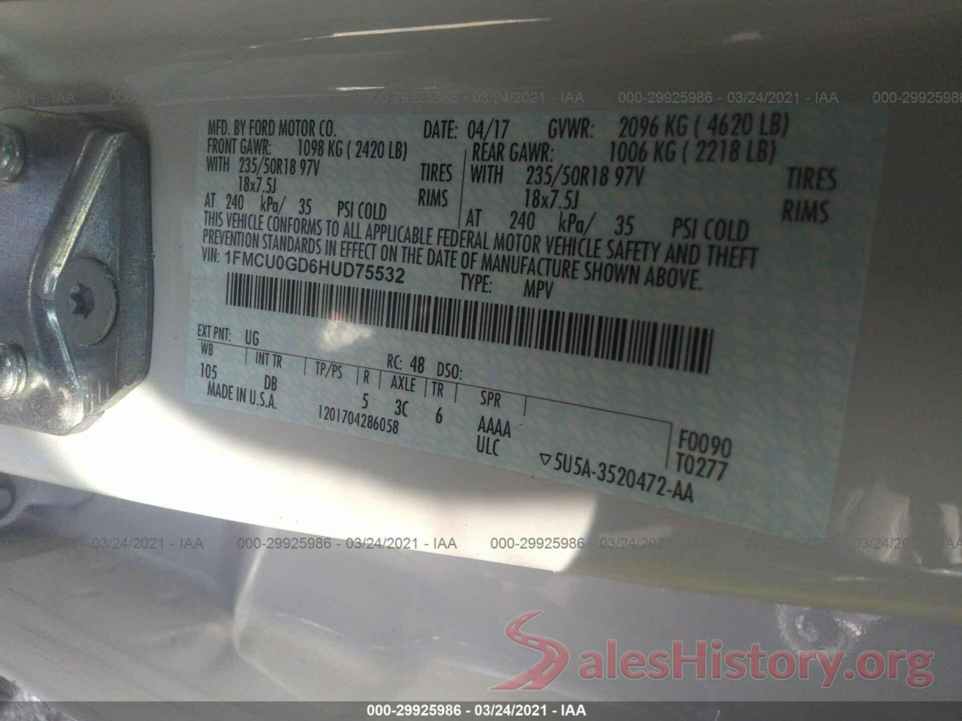 1FMCU0GD6HUD75532 2017 FORD ESCAPE