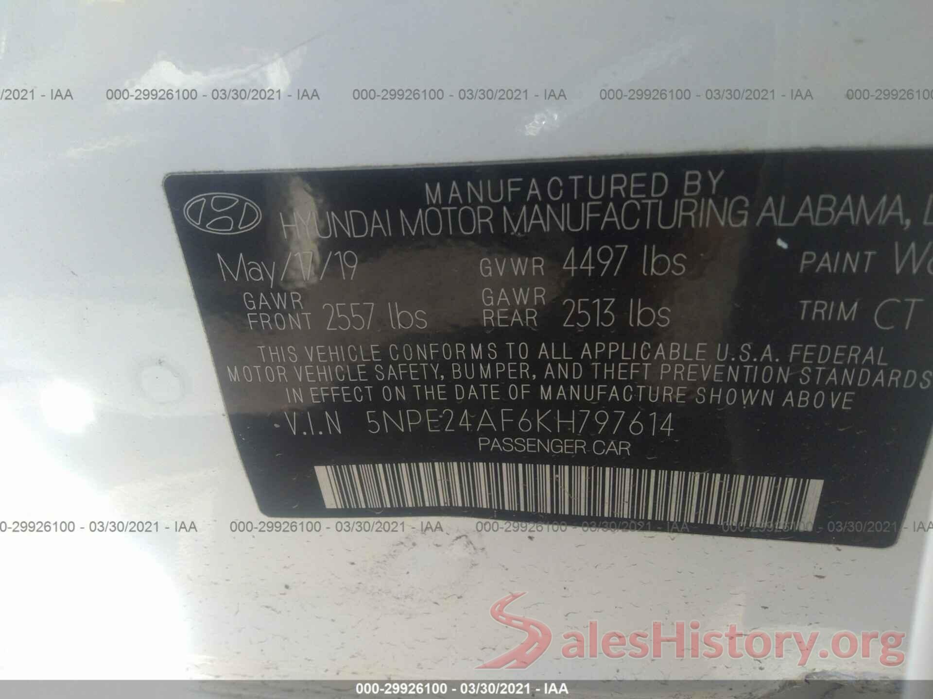 5NPE24AF6KH797614 2019 HYUNDAI SONATA