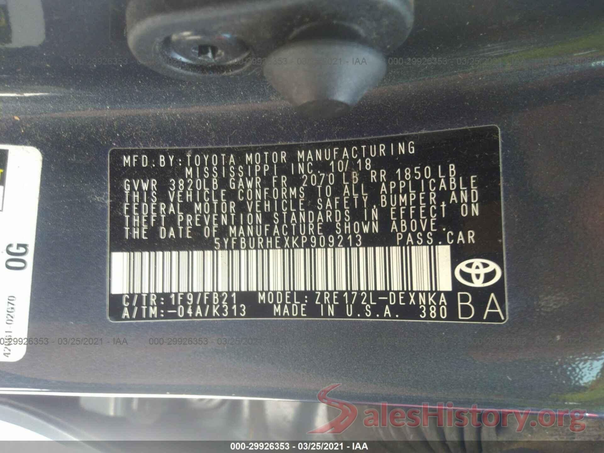 5YFBURHEXKP909213 2019 TOYOTA COROLLA