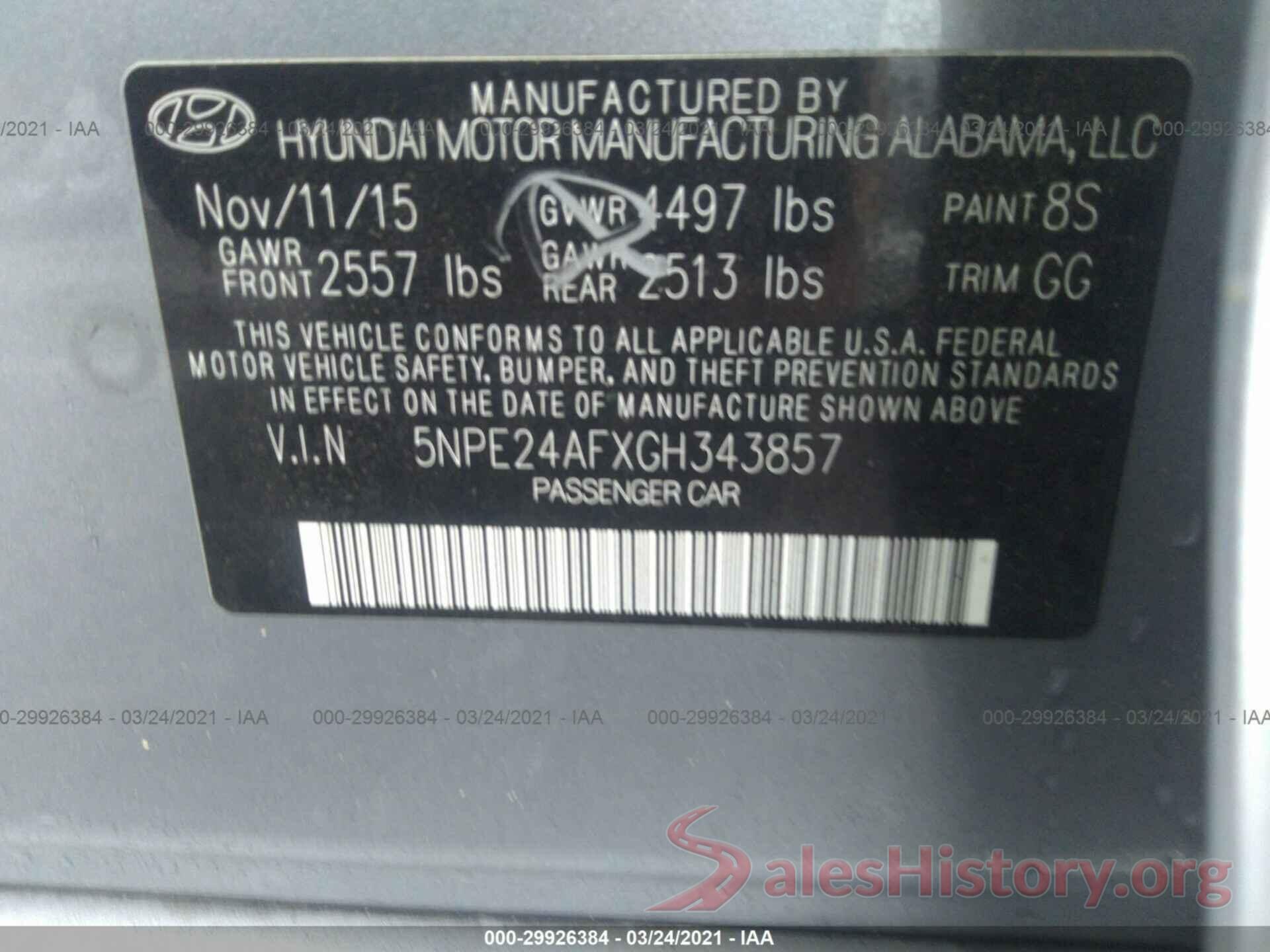 5NPE24AFXGH343857 2016 HYUNDAI SONATA