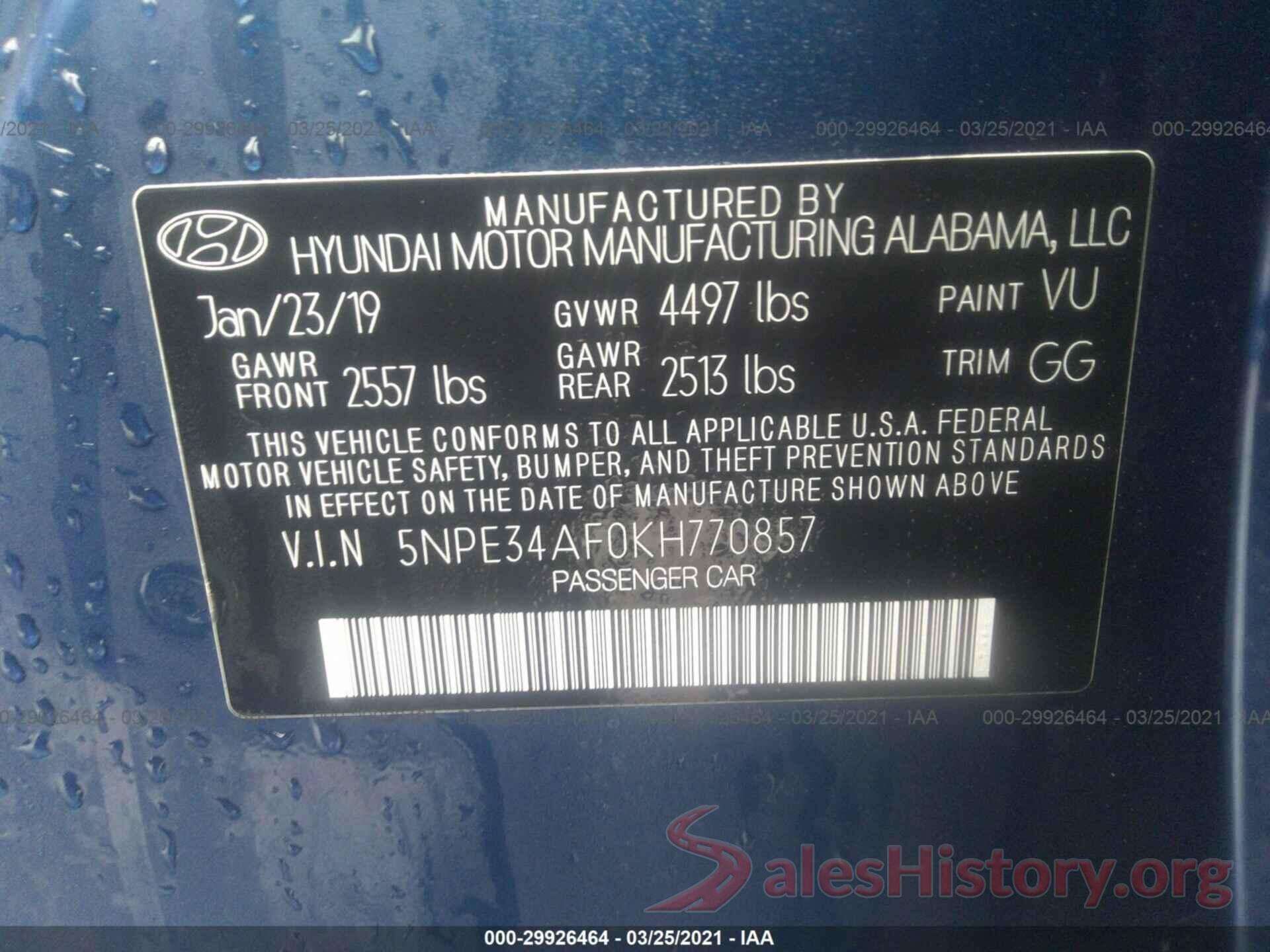 5NPE34AF0KH770857 2019 HYUNDAI SONATA