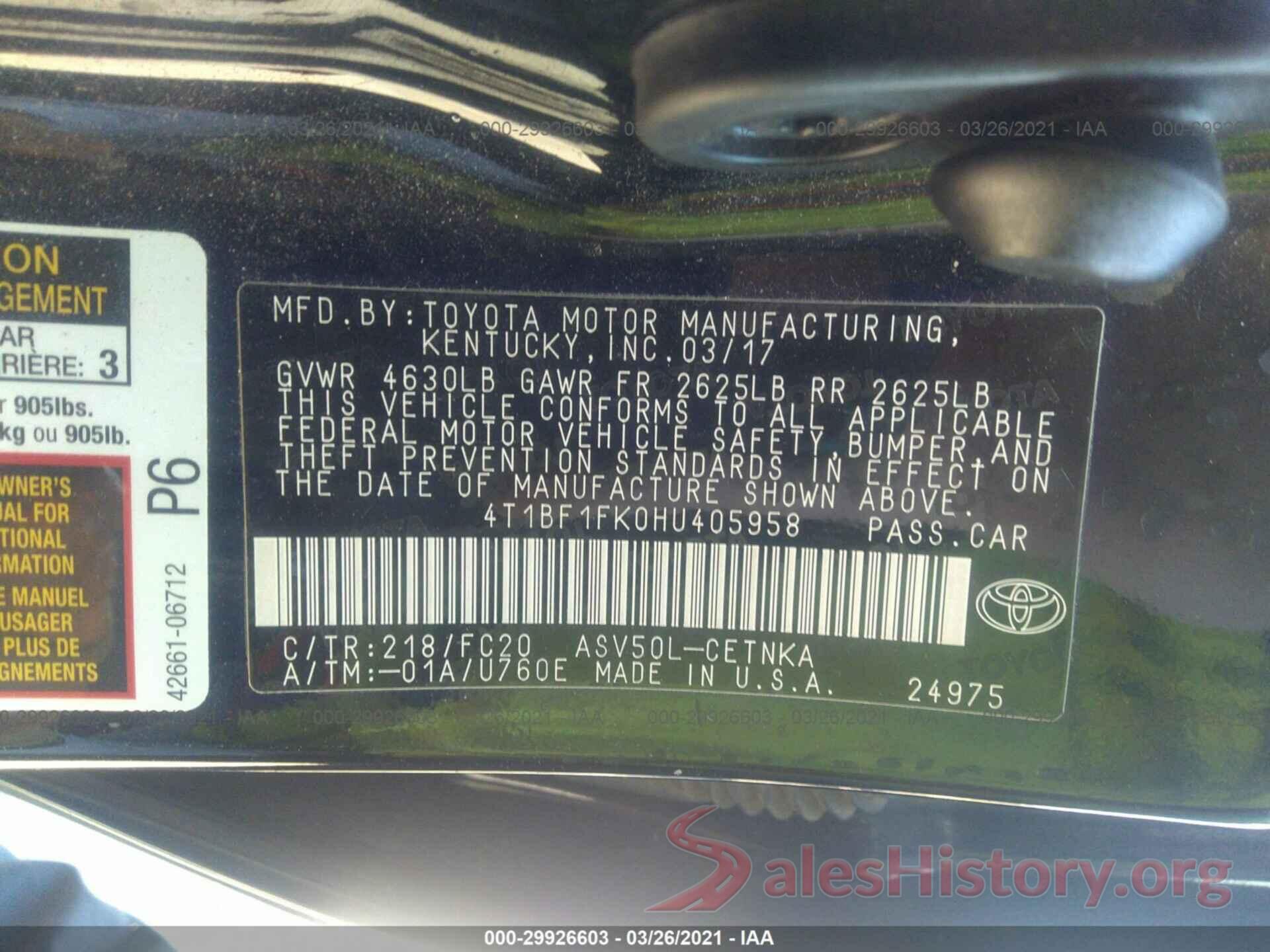 4T1BF1FK0HU405958 2017 TOYOTA CAMRY