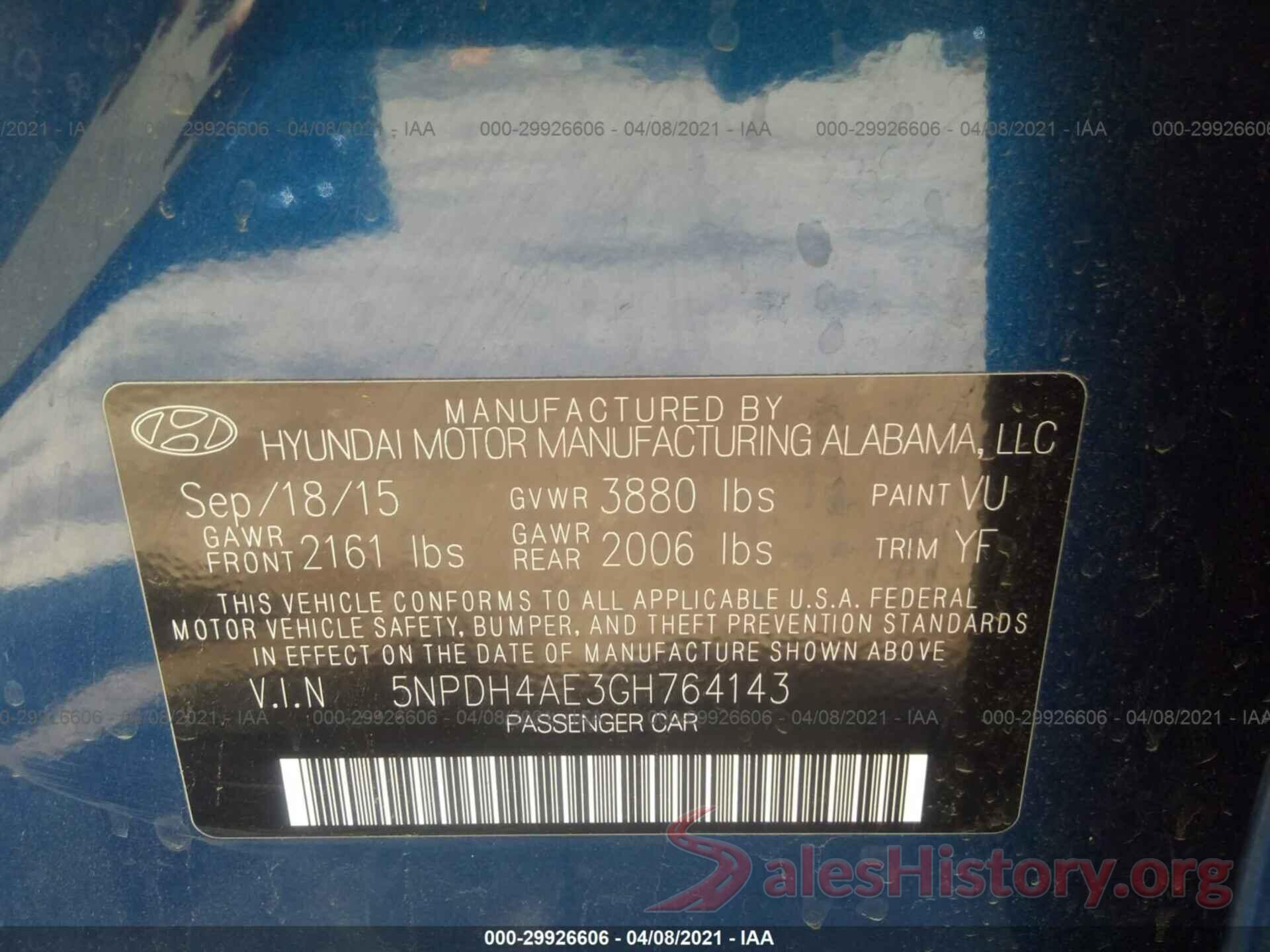 5NPDH4AE3GH764143 2016 HYUNDAI ELANTRA