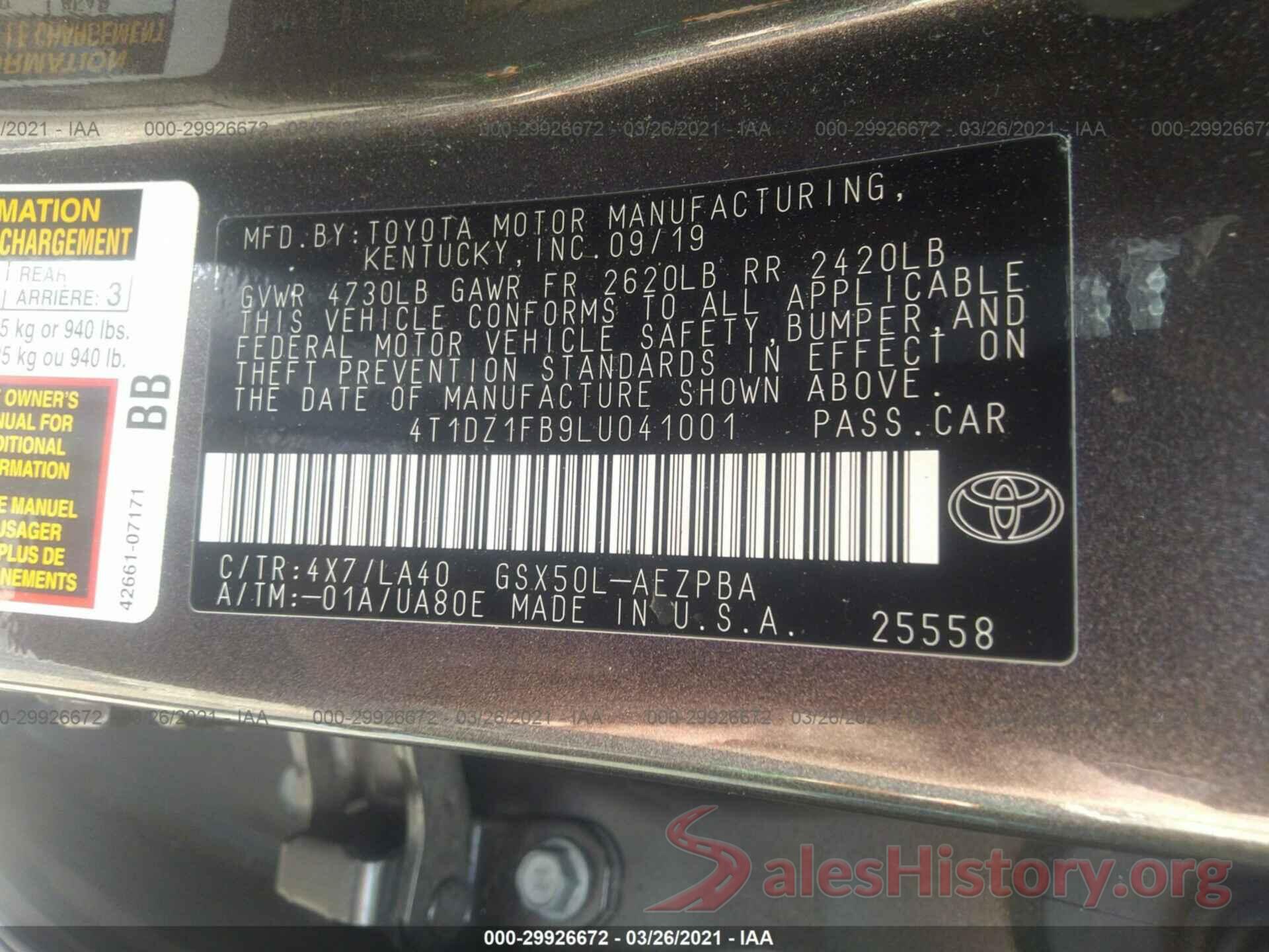 4T1DZ1FB9LU041001 2020 TOYOTA AVALON