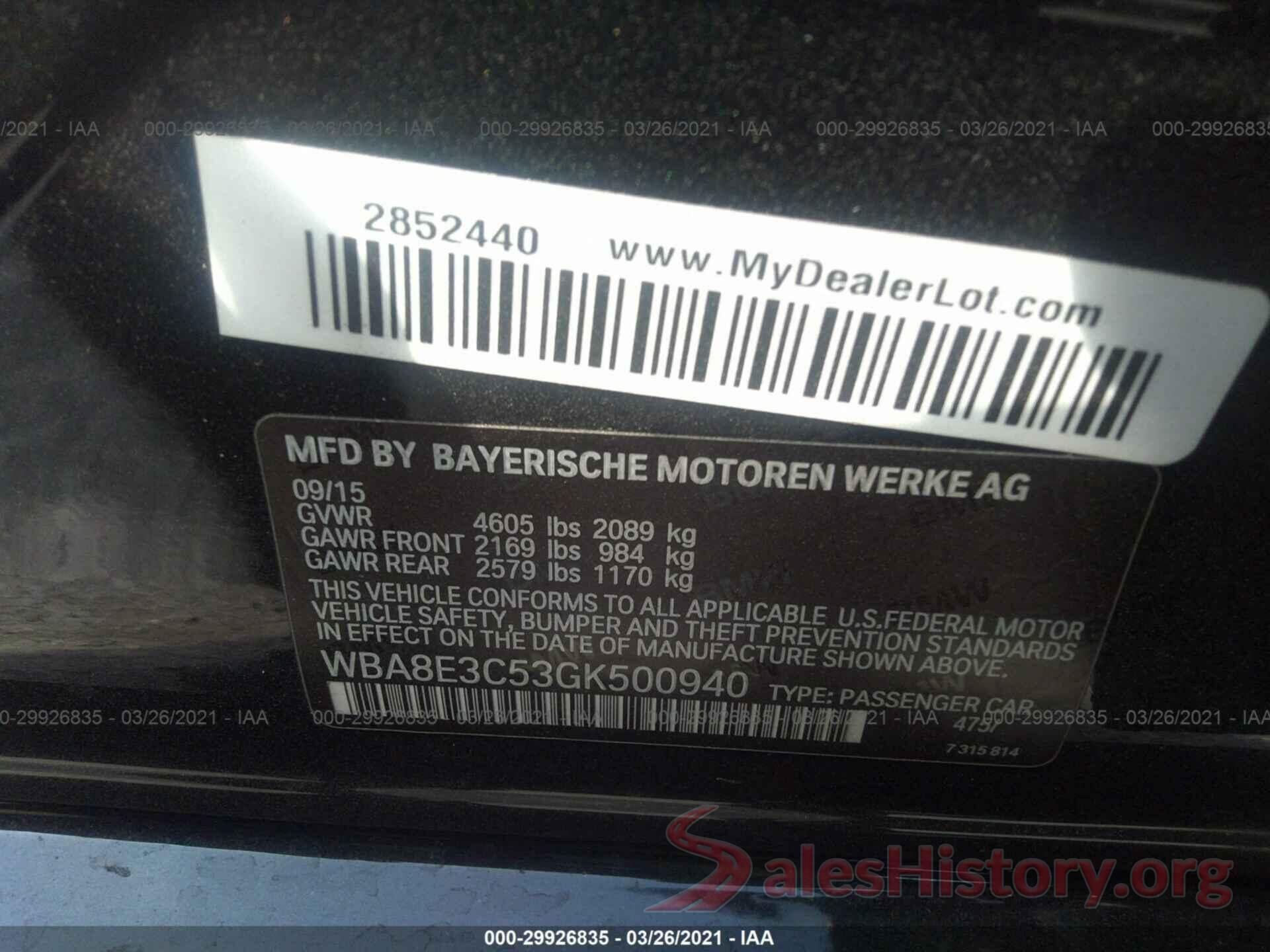 WBA8E3C53GK500940 2016 BMW 3 SERIES