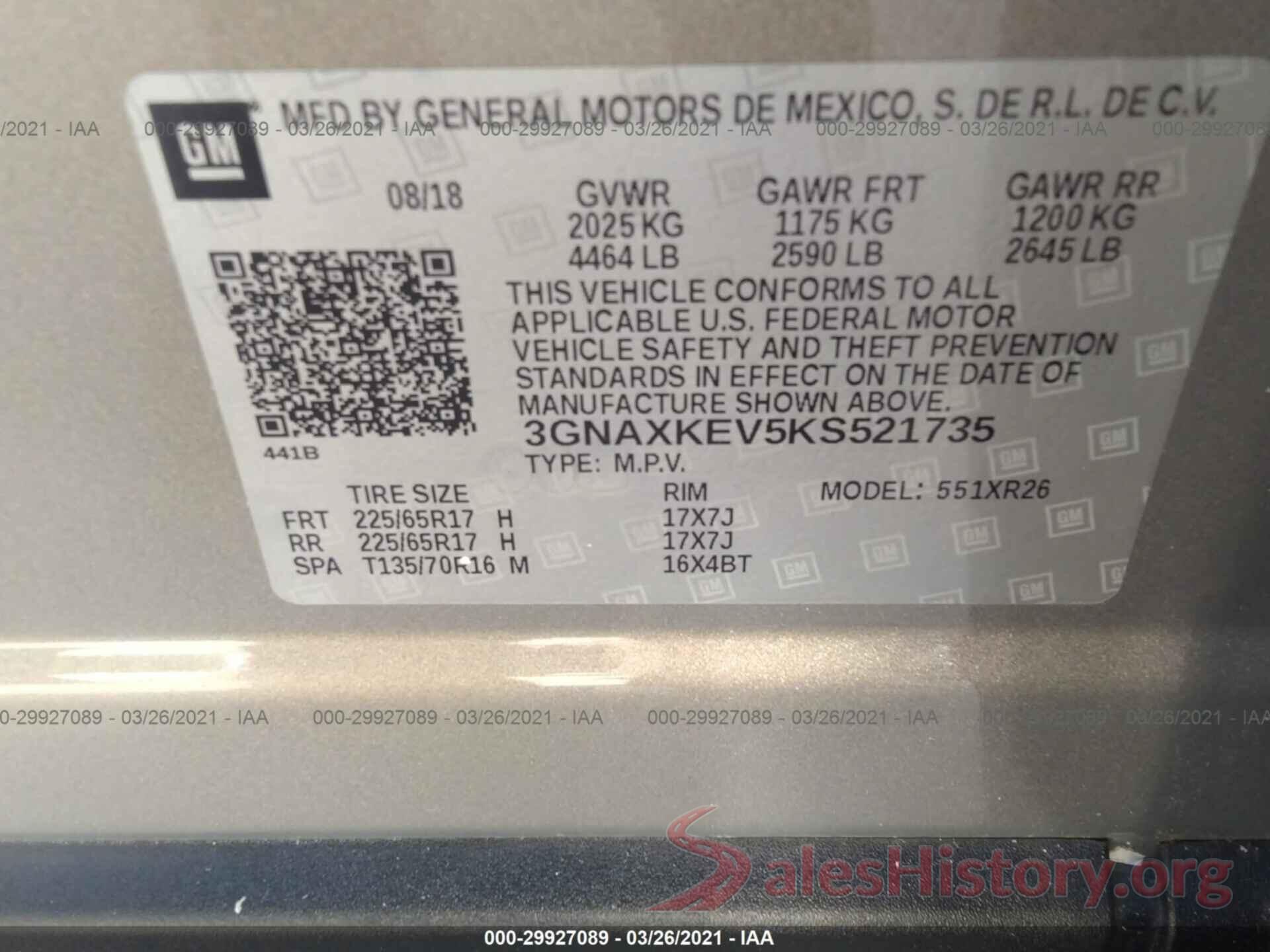 3GNAXKEV5KS521735 2019 CHEVROLET EQUINOX