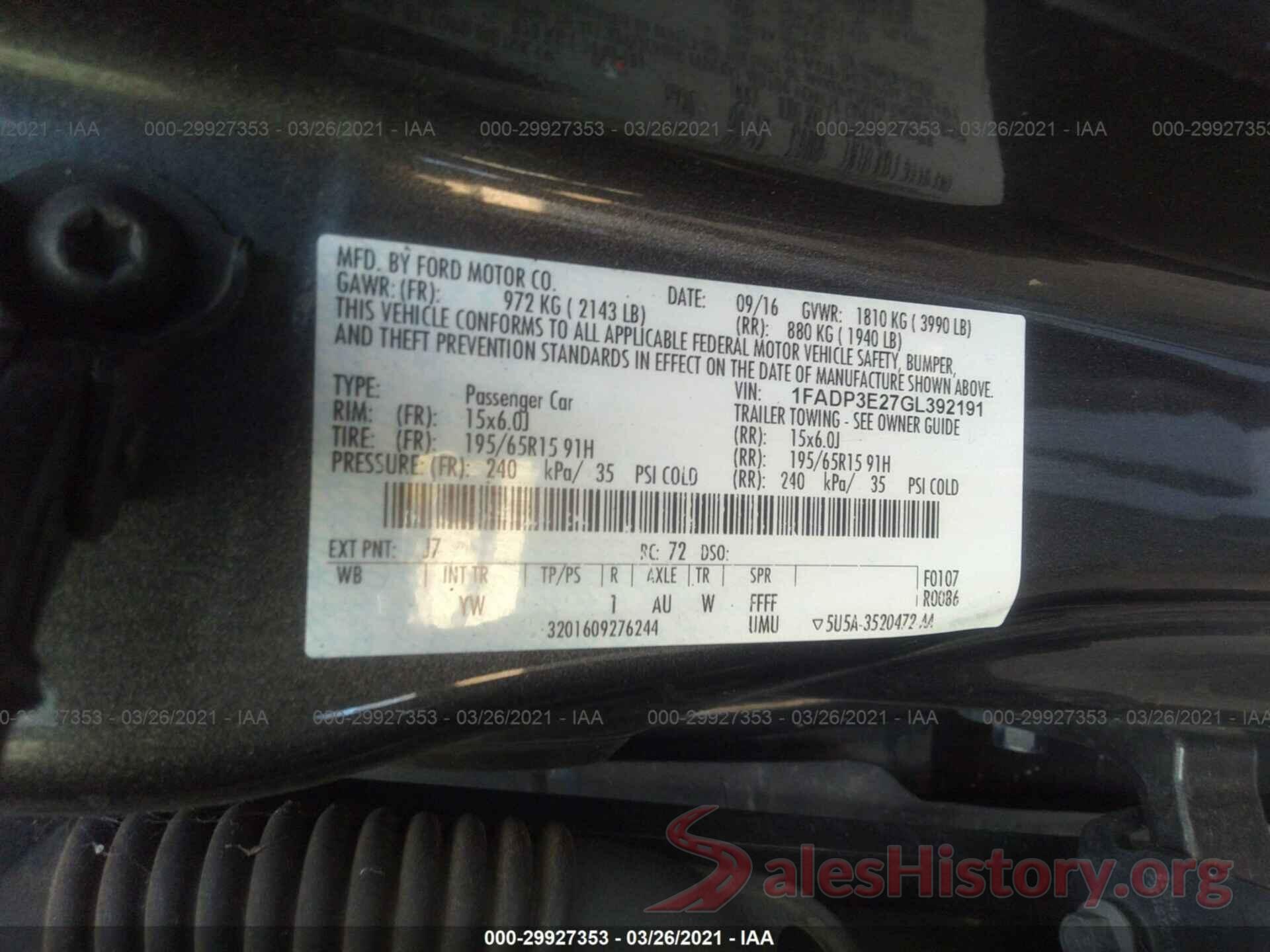 1FADP3E27GL392191 2016 FORD FOCUS