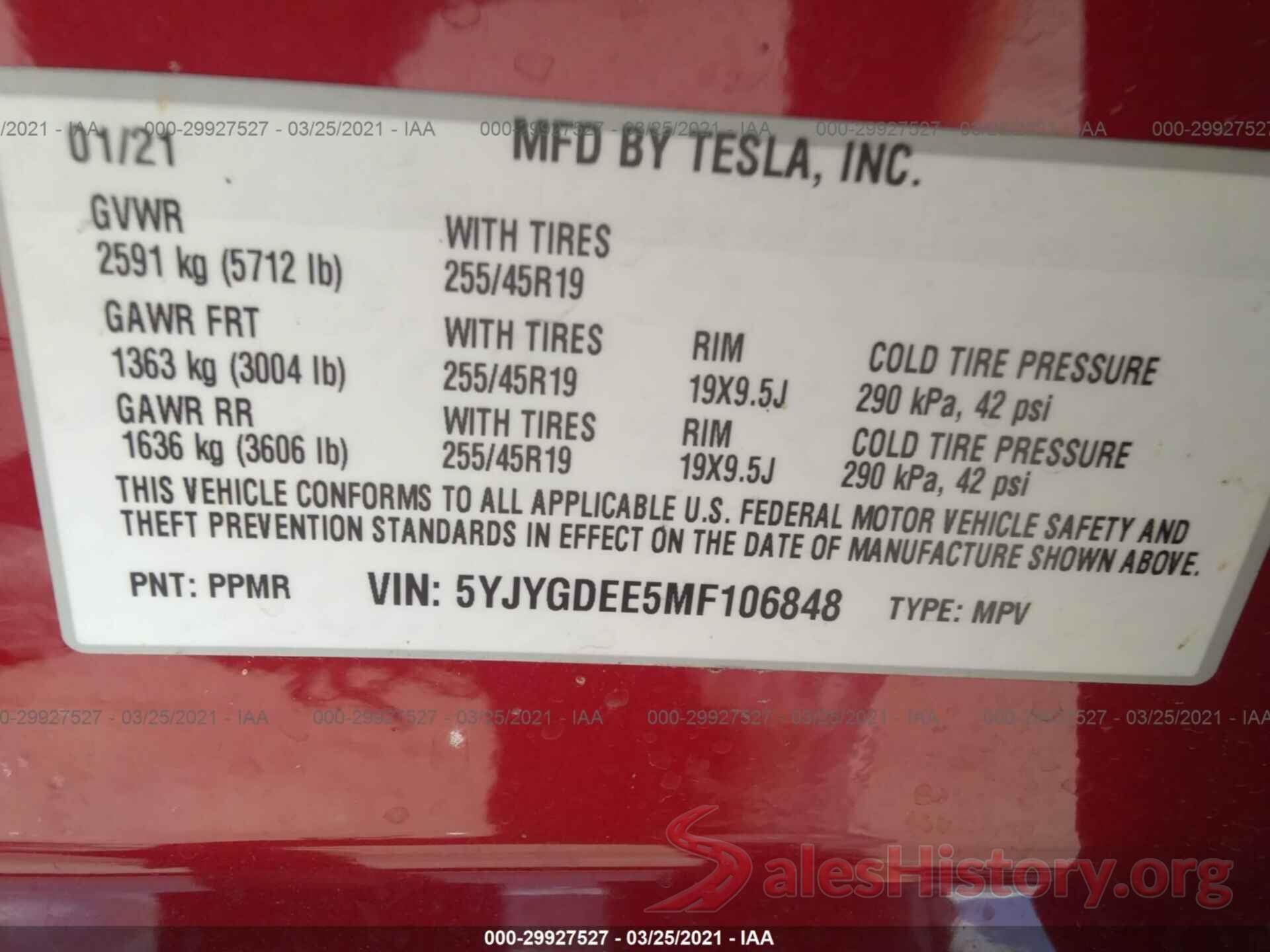 5YJYGDEE5MF106848 2021 TESLA MODEL Y