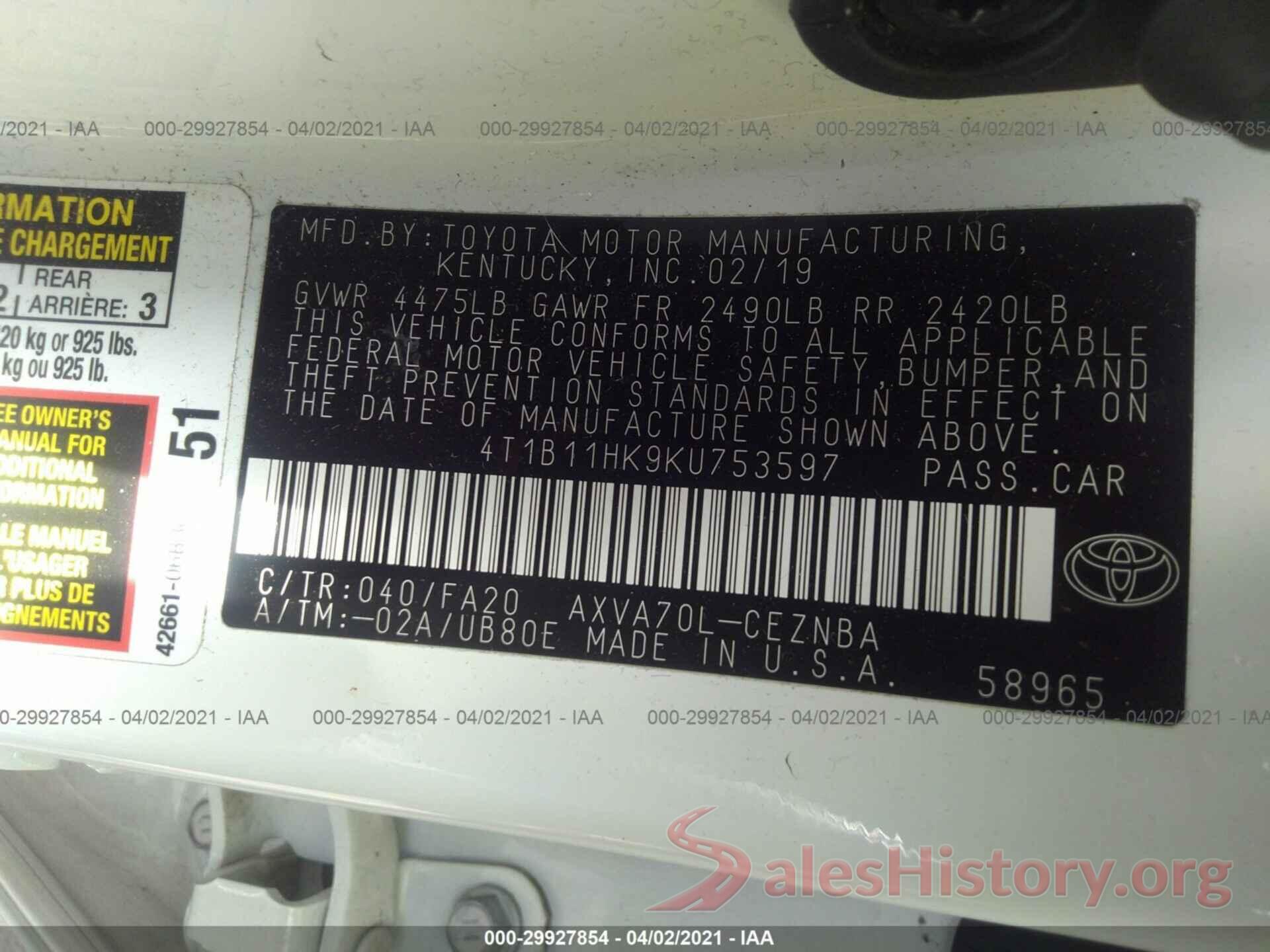 4T1B11HK9KU753597 2019 TOYOTA CAMRY