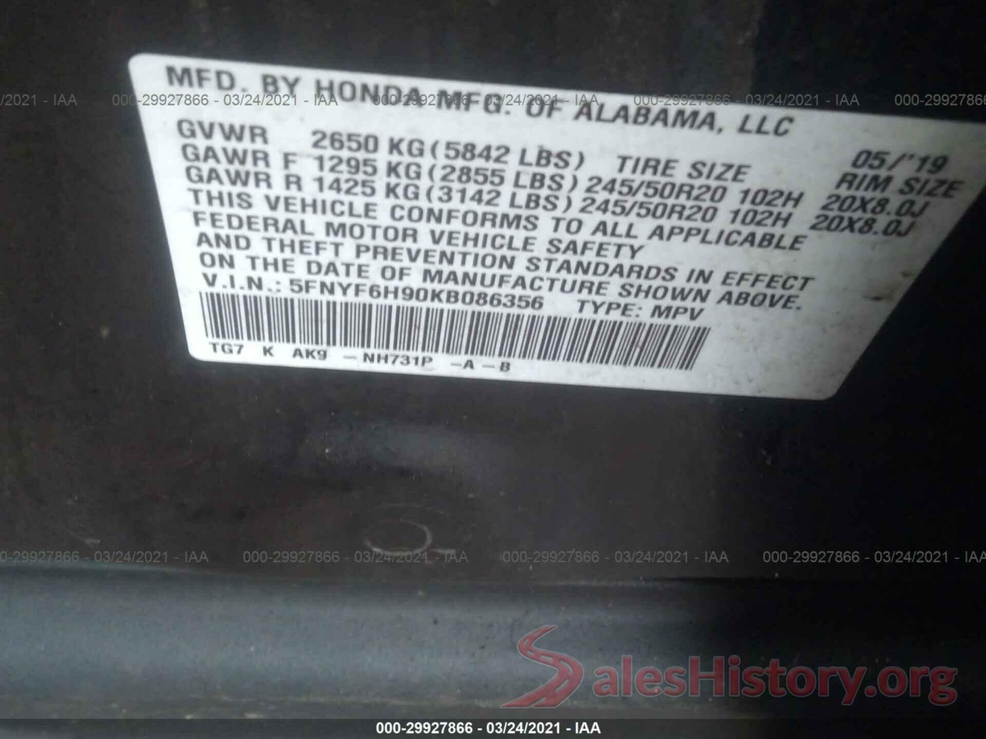 5FNYF6H90KB086356 2019 HONDA PILOT