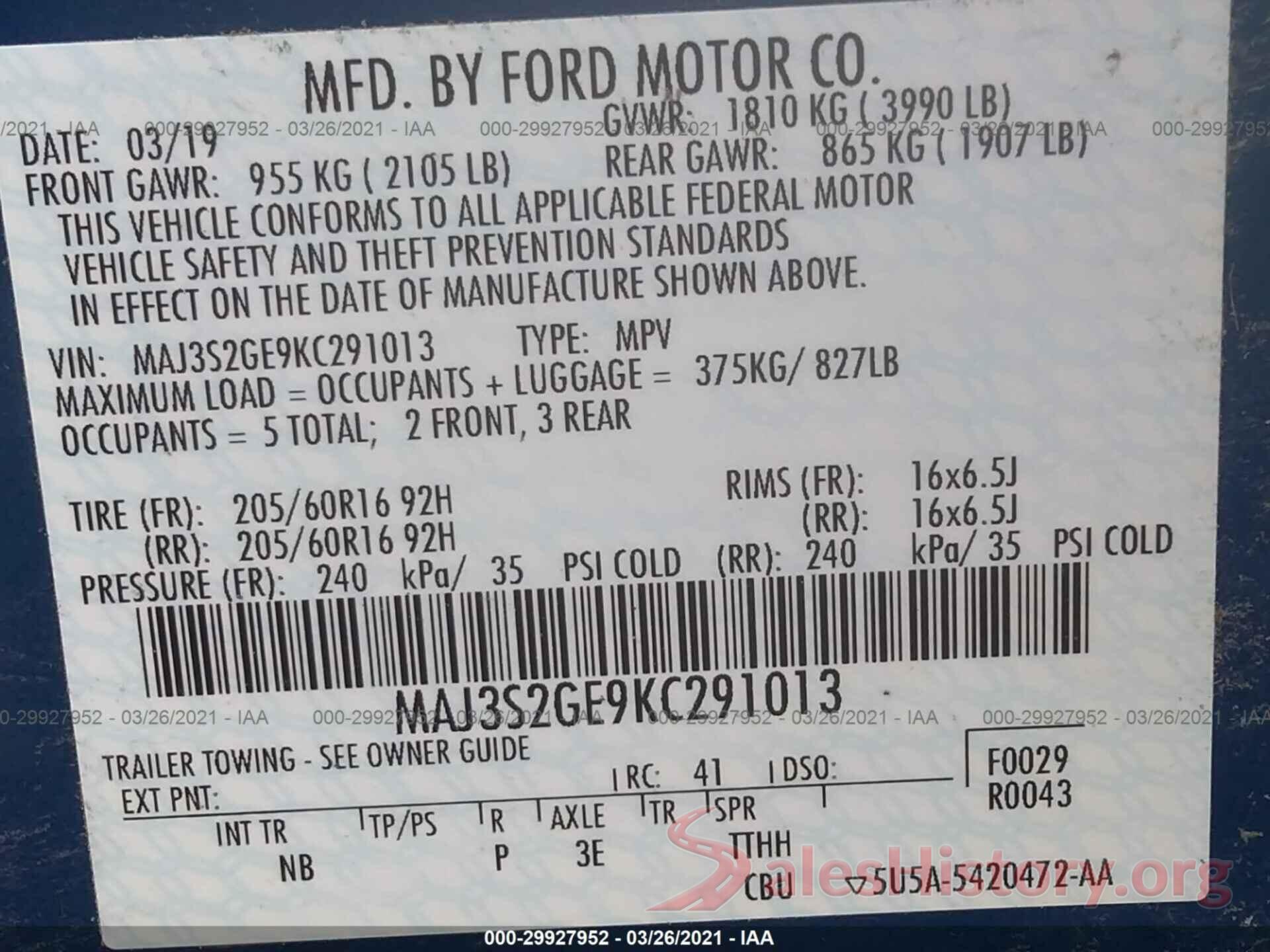 MAJ3S2GE9KC291013 2019 FORD ECOSPORT