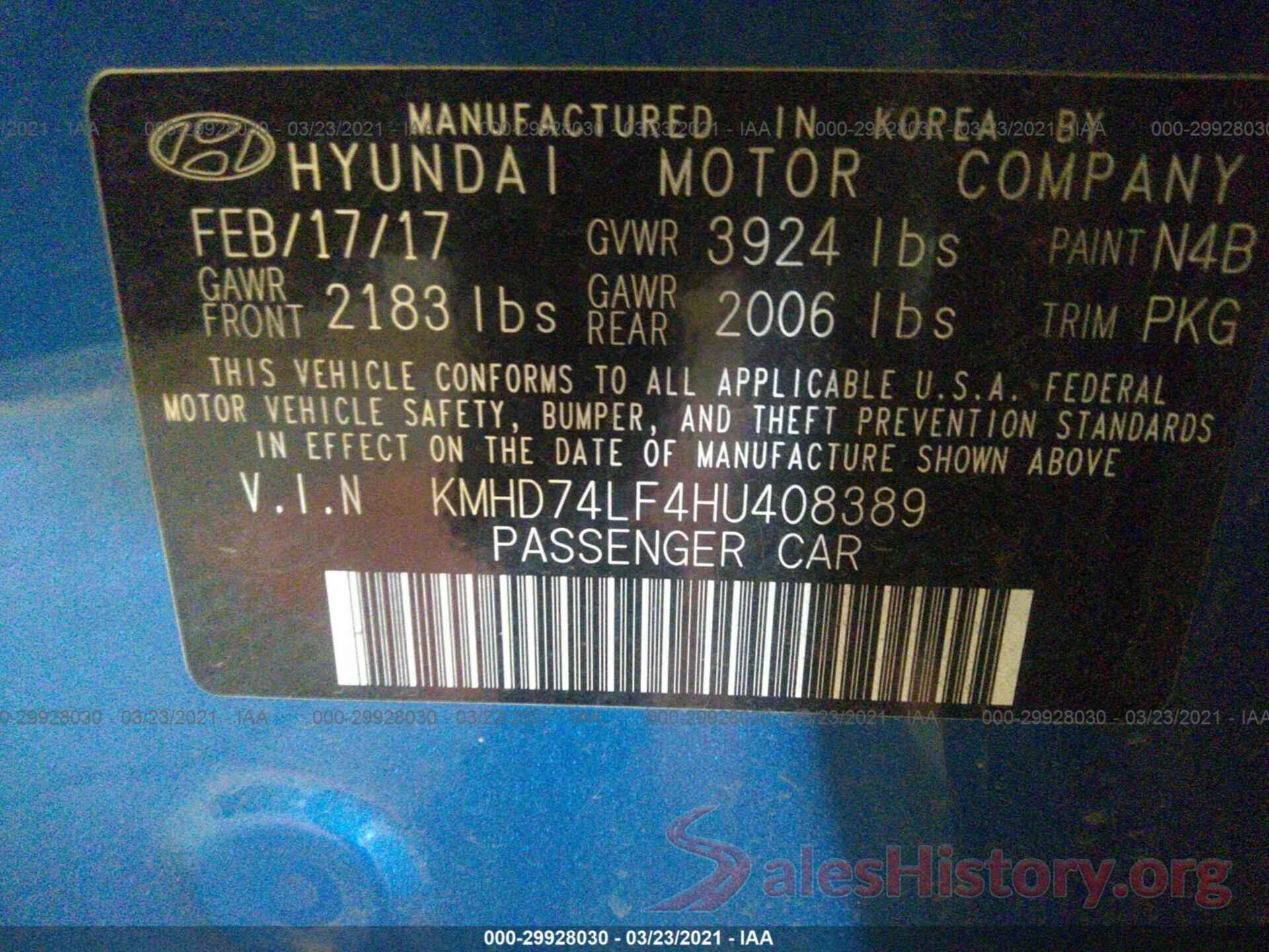 KMHD74LF4HU408389 2017 HYUNDAI ELANTRA