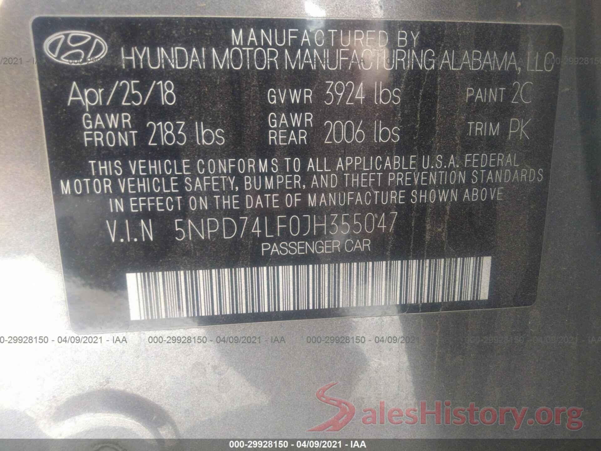 5NPD74LF0JH355047 2018 HYUNDAI ELANTRA