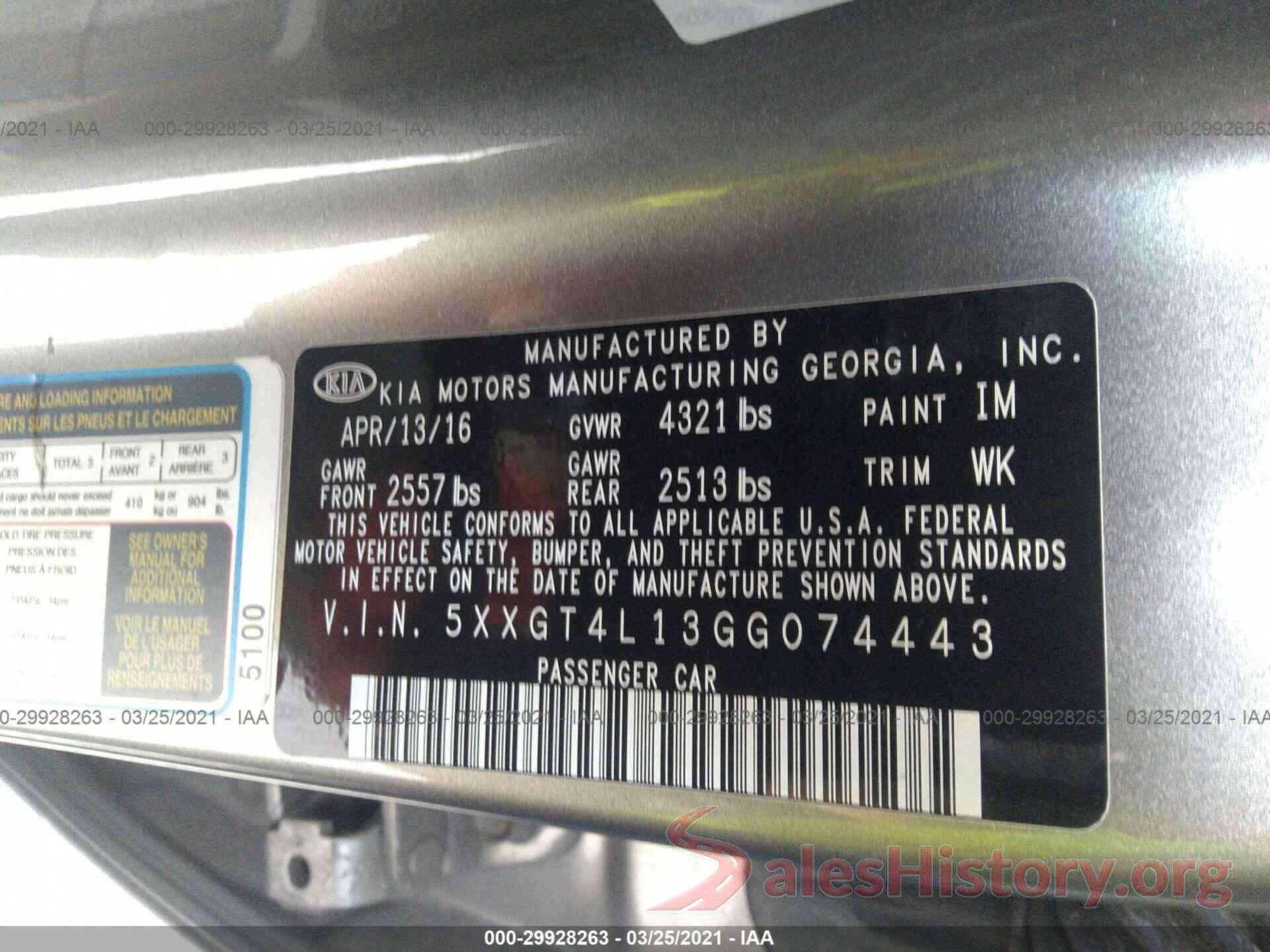 5XXGT4L13GG074443 2016 KIA OPTIMA