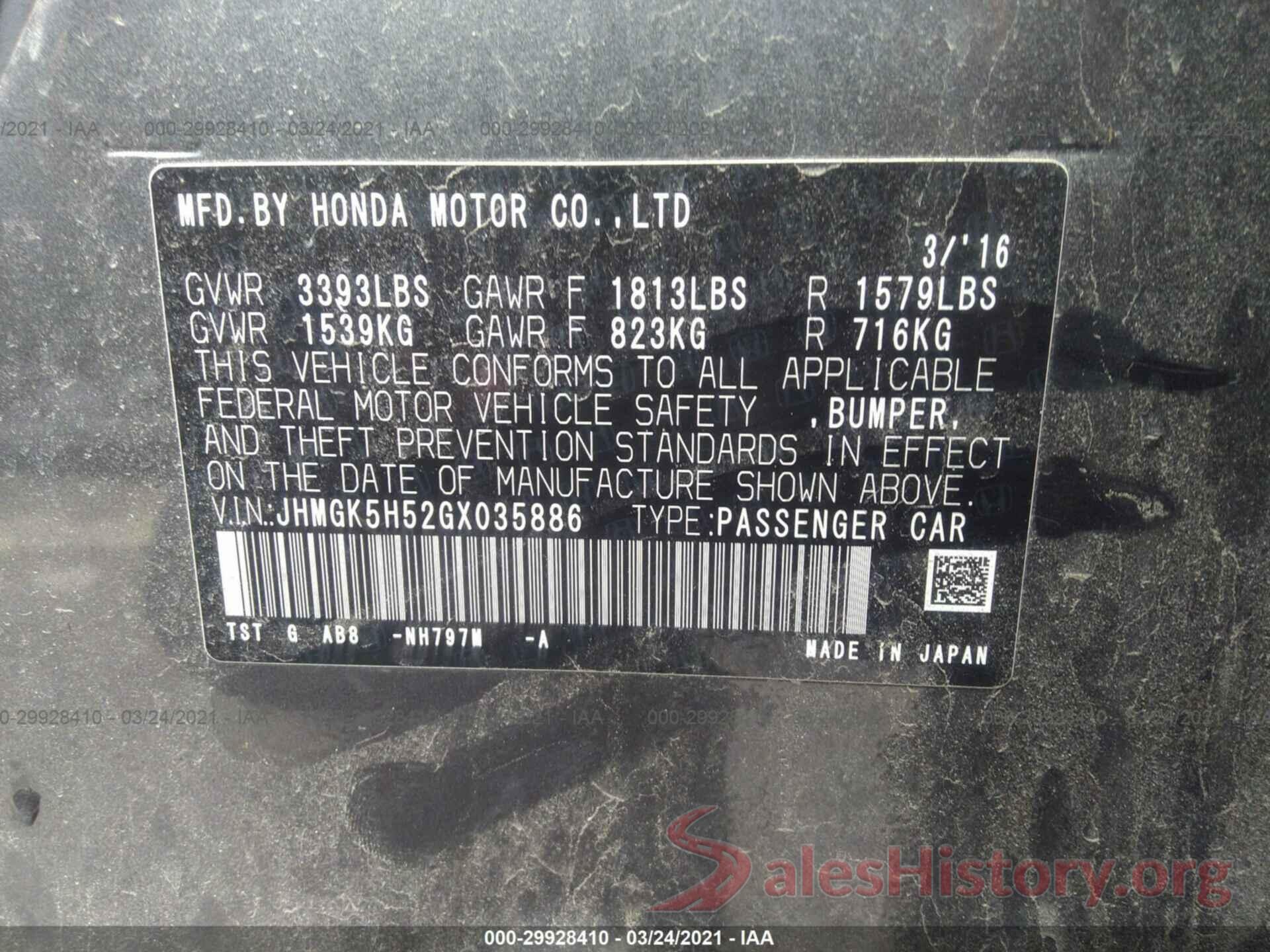 JHMGK5H52GX035886 2016 HONDA FIT