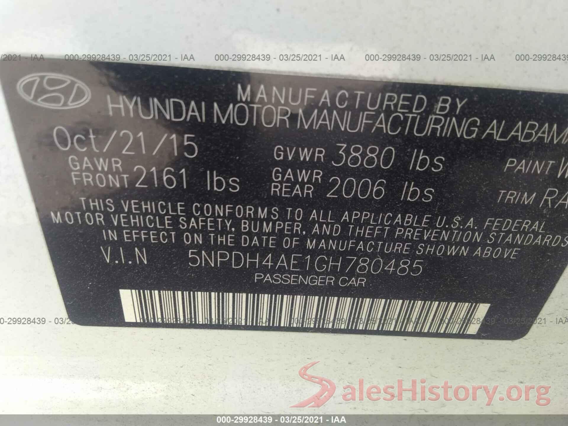 5NPDH4AE1GH780485 2016 HYUNDAI ELANTRA