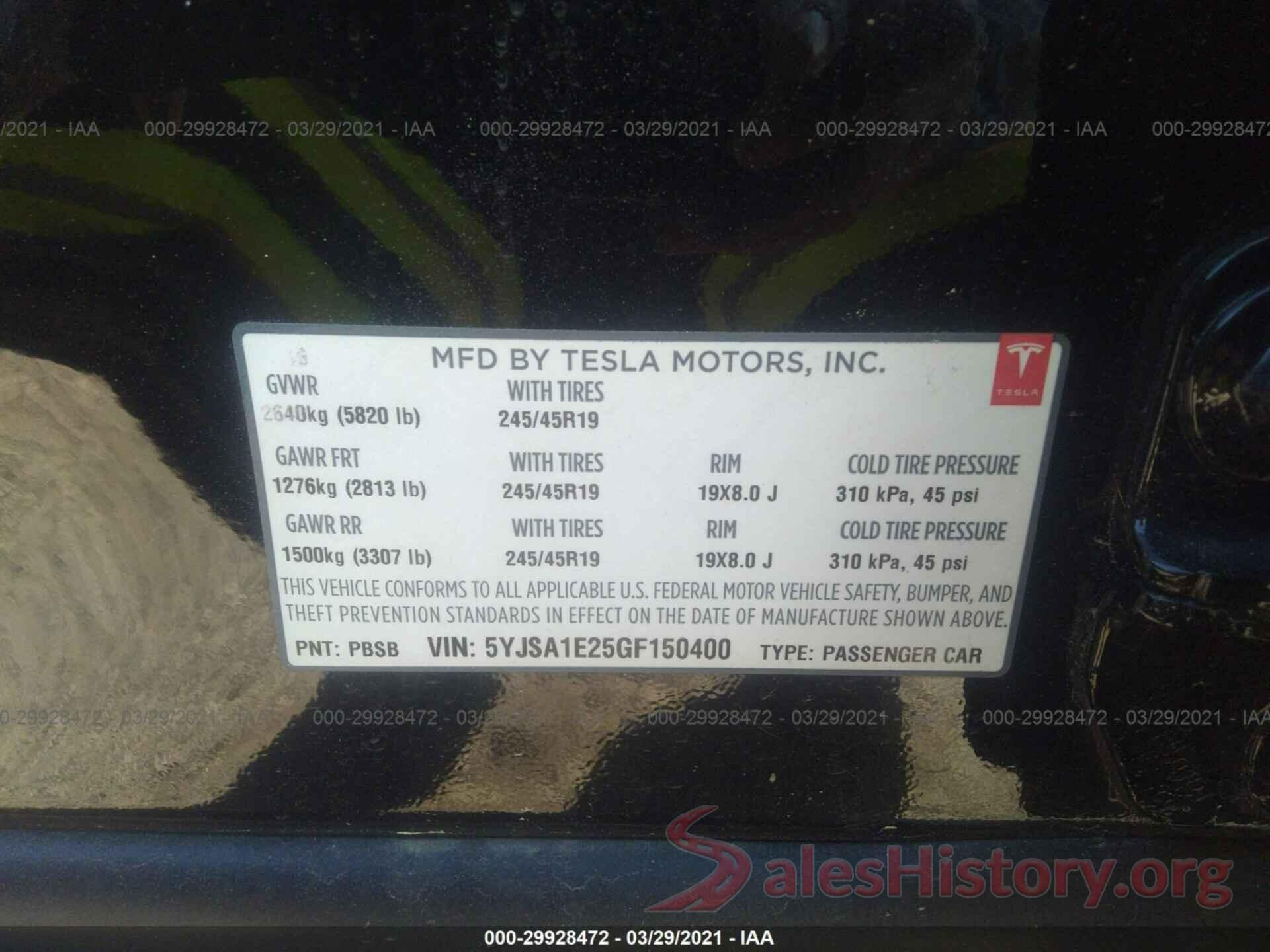 5YJSA1E25GF150400 2016 TESLA MODEL S