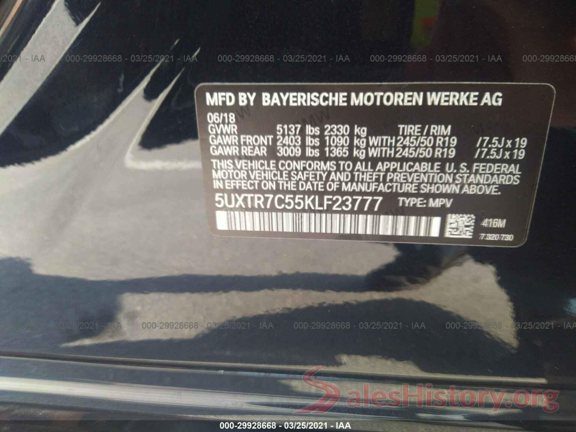 5UXTR7C55KLF23777 2019 BMW X3