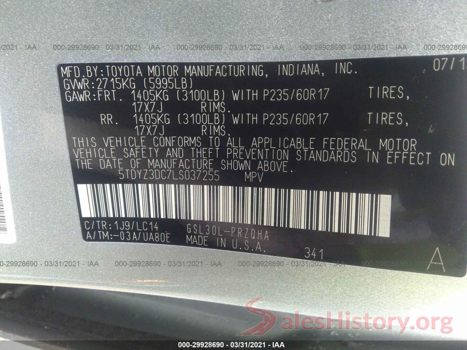 5TDYZ3DC7LS037255 2020 TOYOTA SIENNA