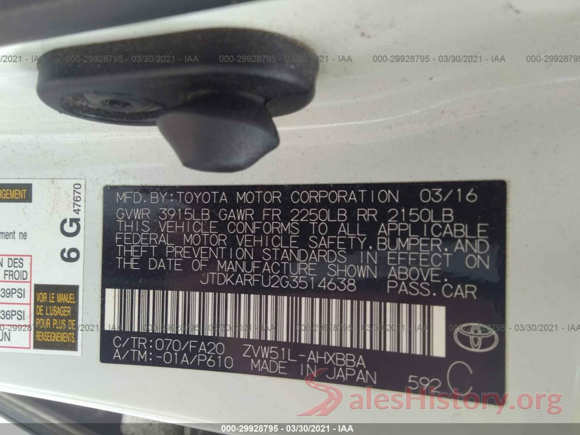 JTDKARFU2G3514638 2016 TOYOTA PRIUS