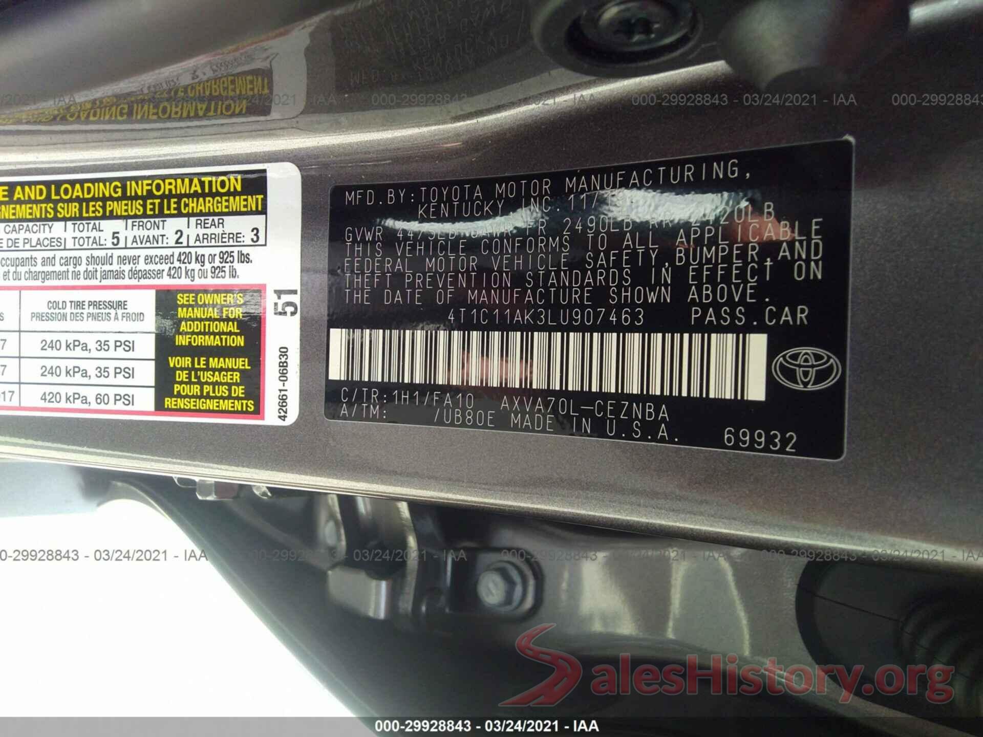 4T1C11AK3LU907463 2020 TOYOTA CAMRY