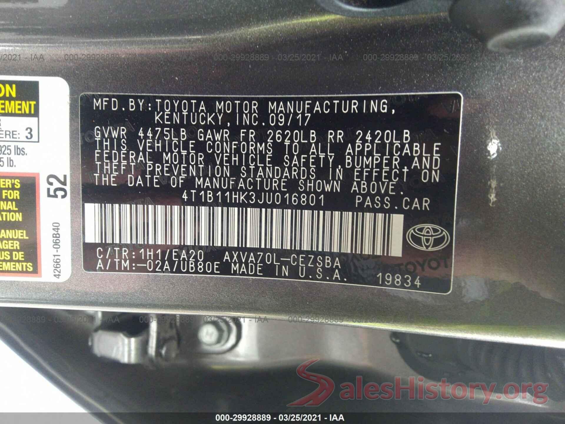 4T1B11HK3JU016801 2018 TOYOTA CAMRY