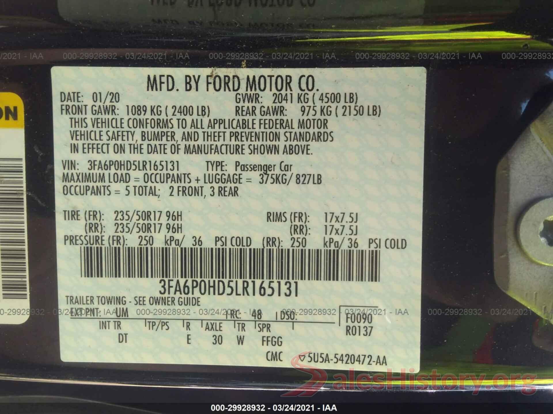 3FA6P0HD5LR165131 2020 FORD FUSION