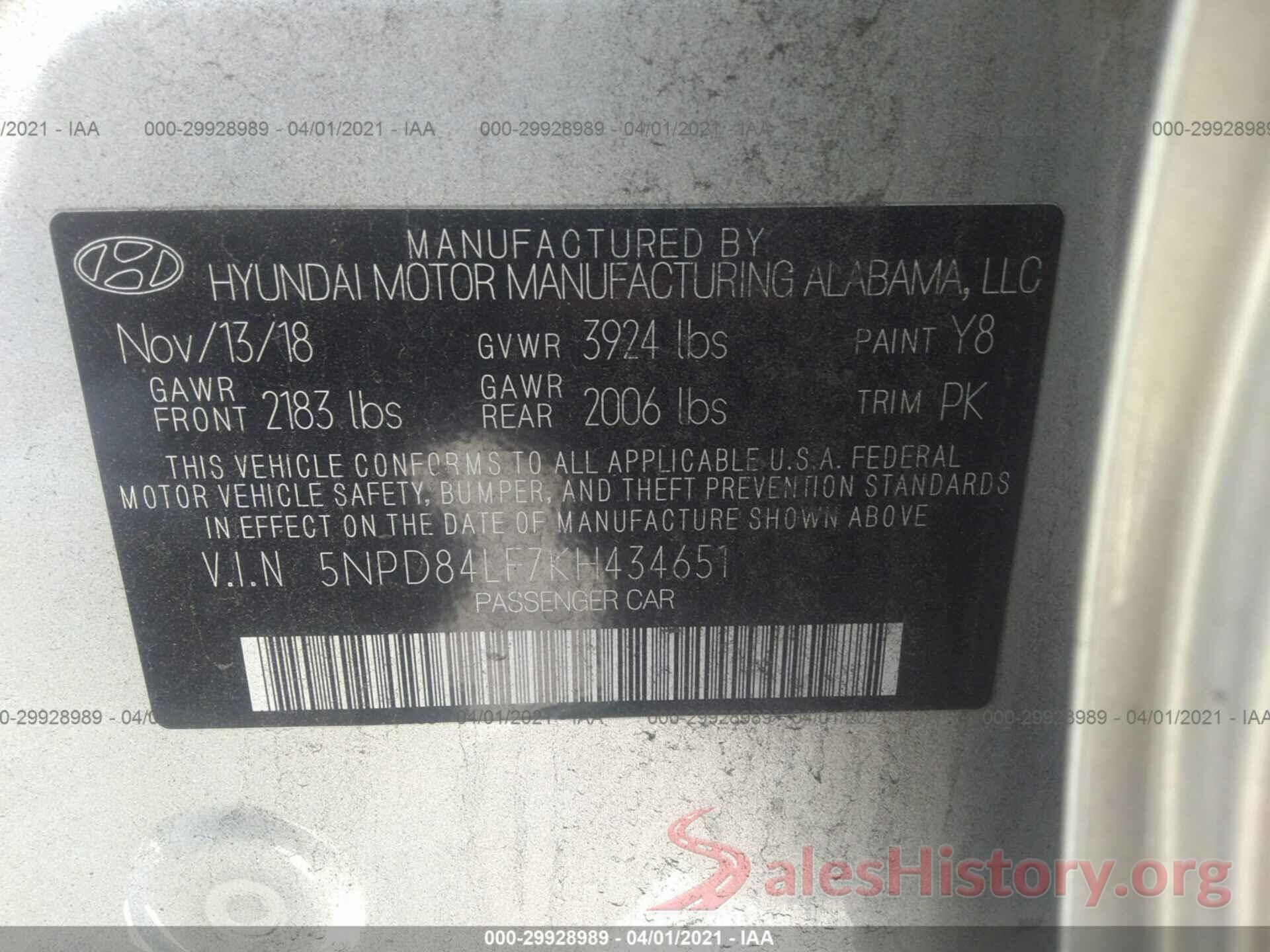 5NPD84LF7KH434651 2019 HYUNDAI ELANTRA