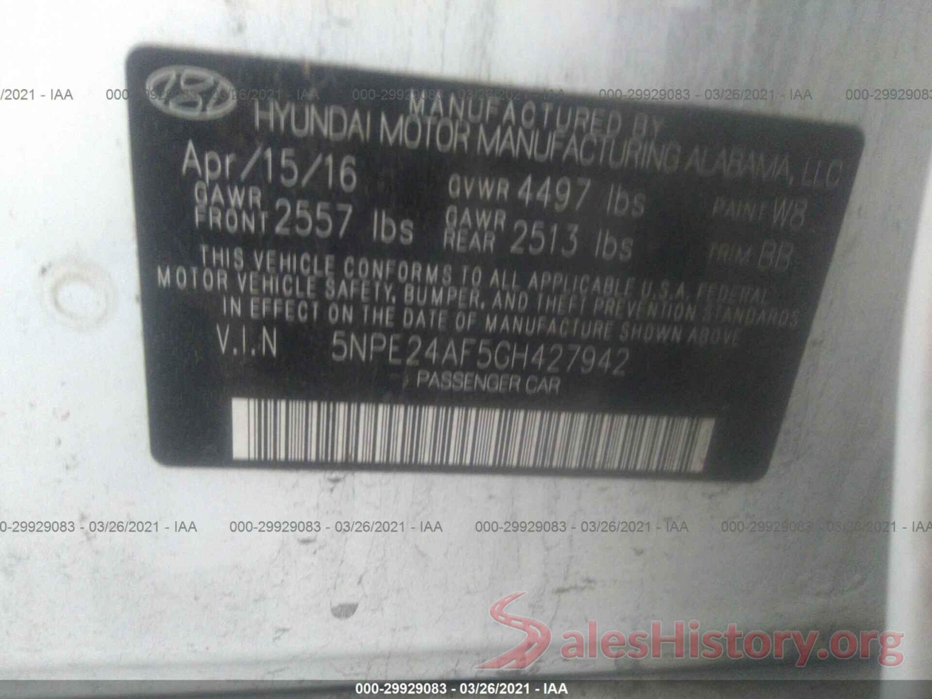 5NPE24AF5GH427942 2016 HYUNDAI SONATA