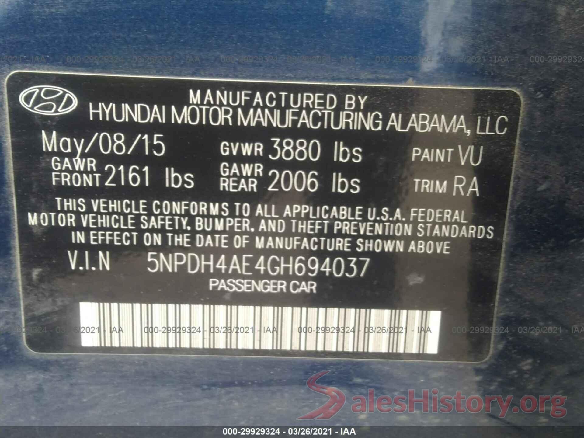 5NPDH4AE4GH694037 2016 HYUNDAI ELANTRA