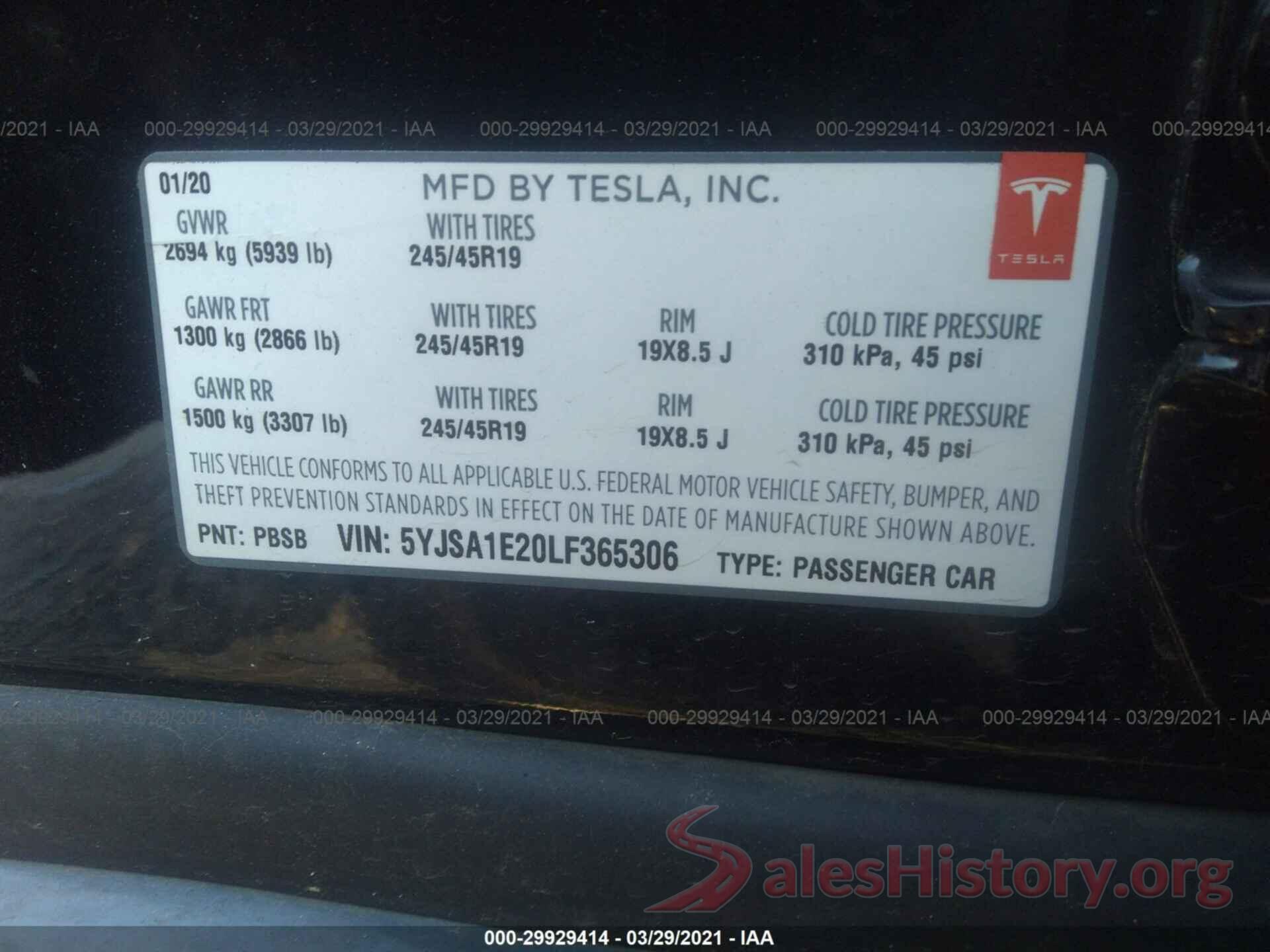 5YJSA1E20LF365306 2020 TESLA MODEL S