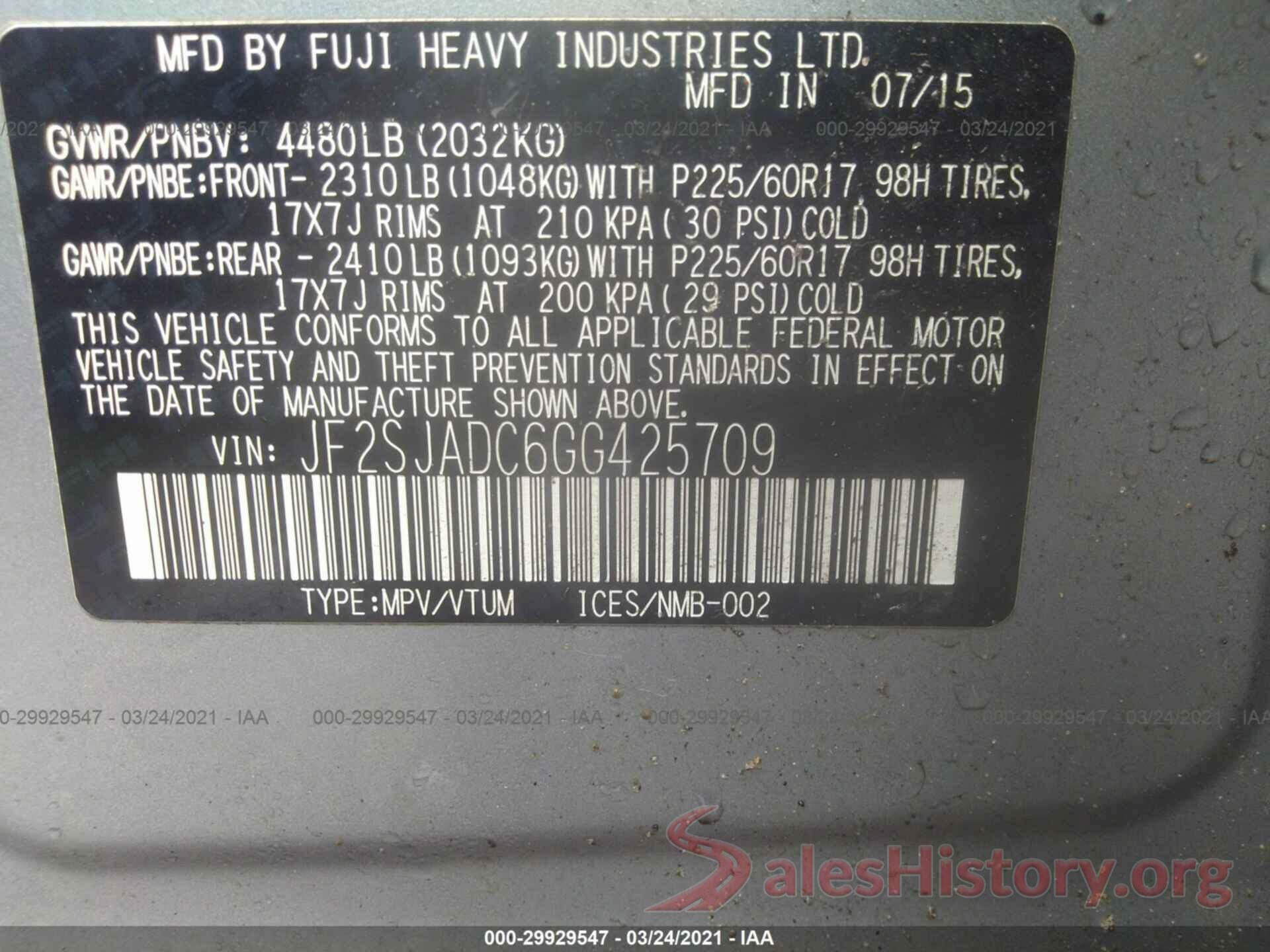 JF2SJADC6GG425709 2016 SUBARU FORESTER