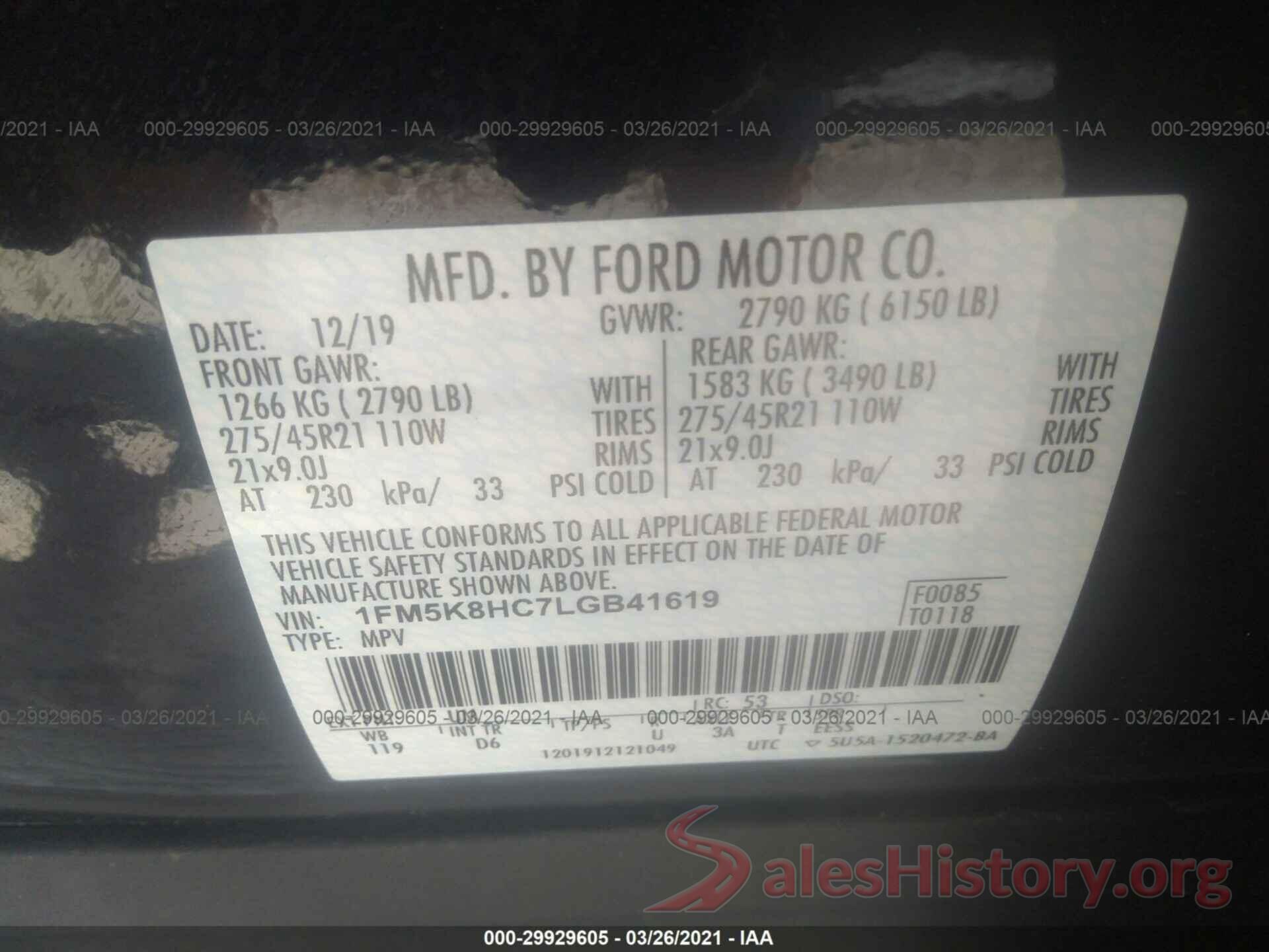 1FM5K8HC7LGB41619 2020 FORD EXPLORER