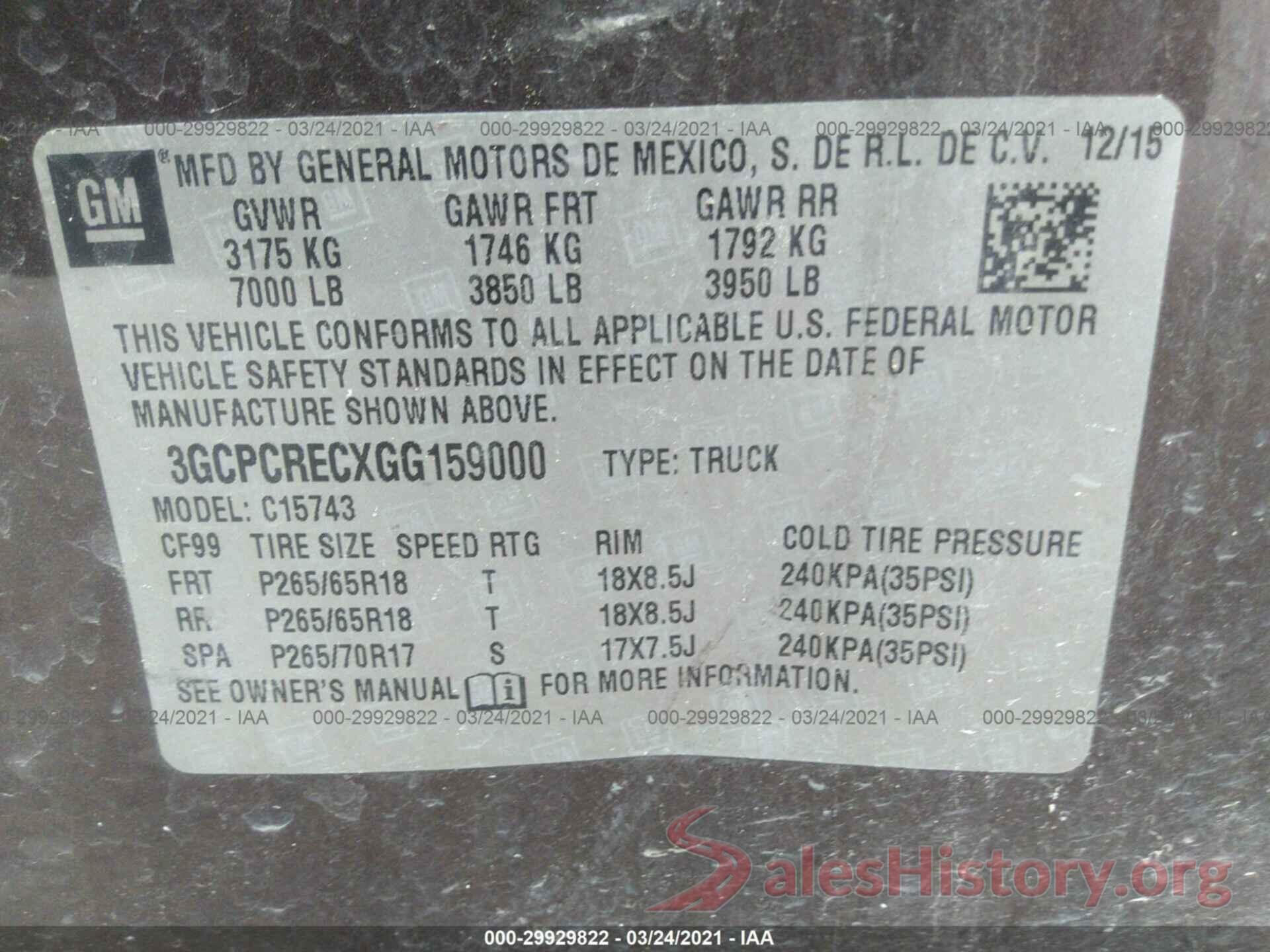 3GCPCRECXGG159000 2016 CHEVROLET SILVERADO 1500