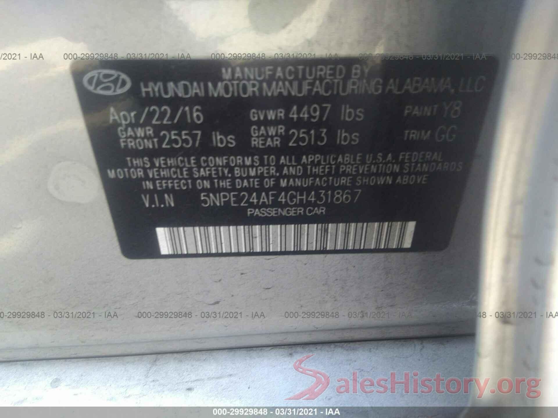 5NPE24AF4GH431867 2016 HYUNDAI SONATA