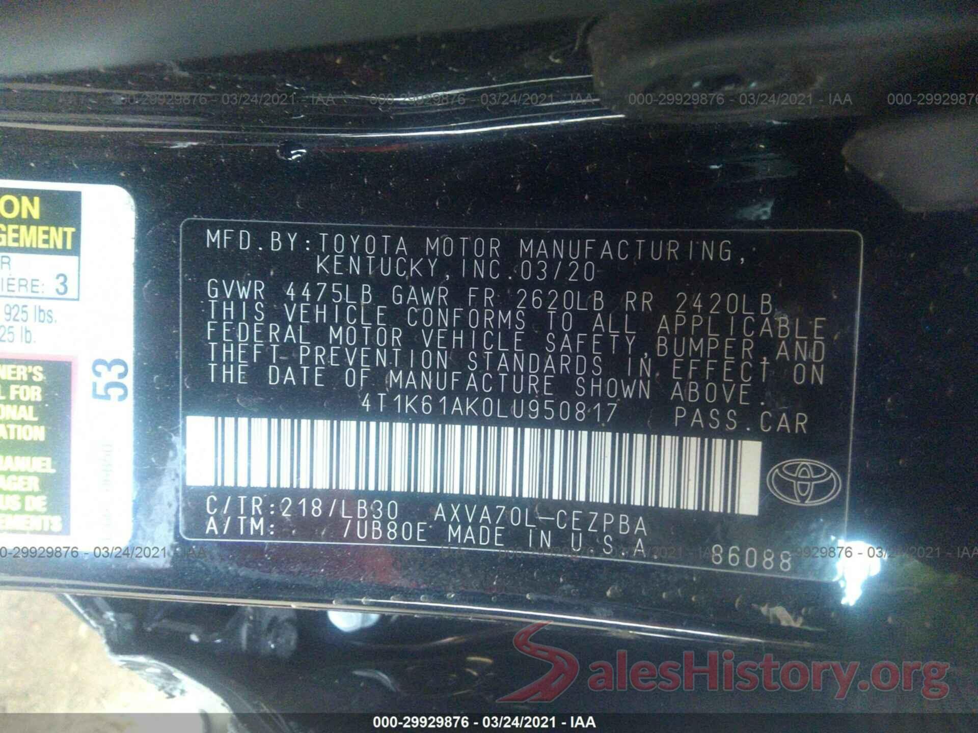 4T1K61AK0LU950817 2020 TOYOTA CAMRY