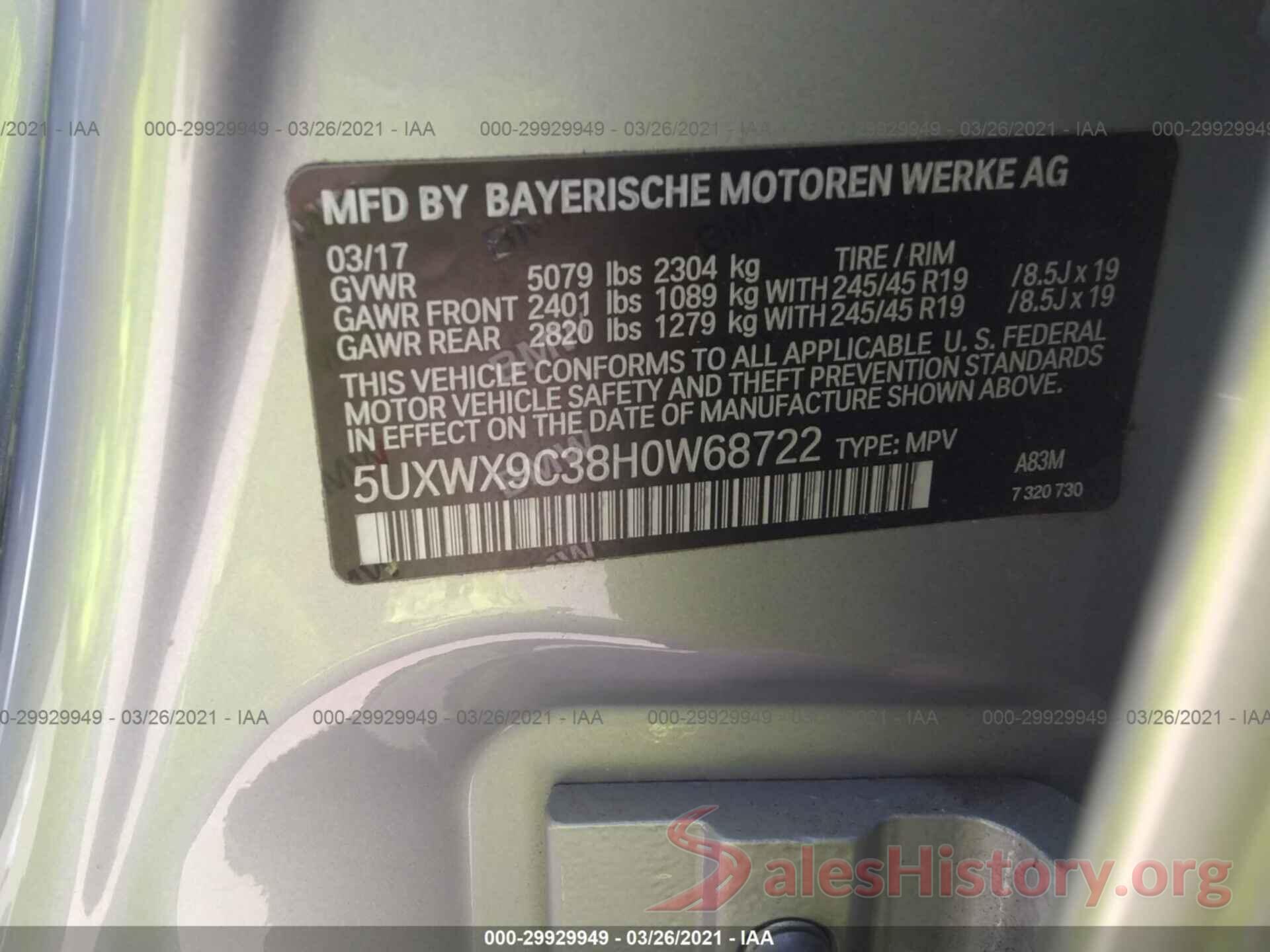 5UXWX9C38H0W68722 2017 BMW X3