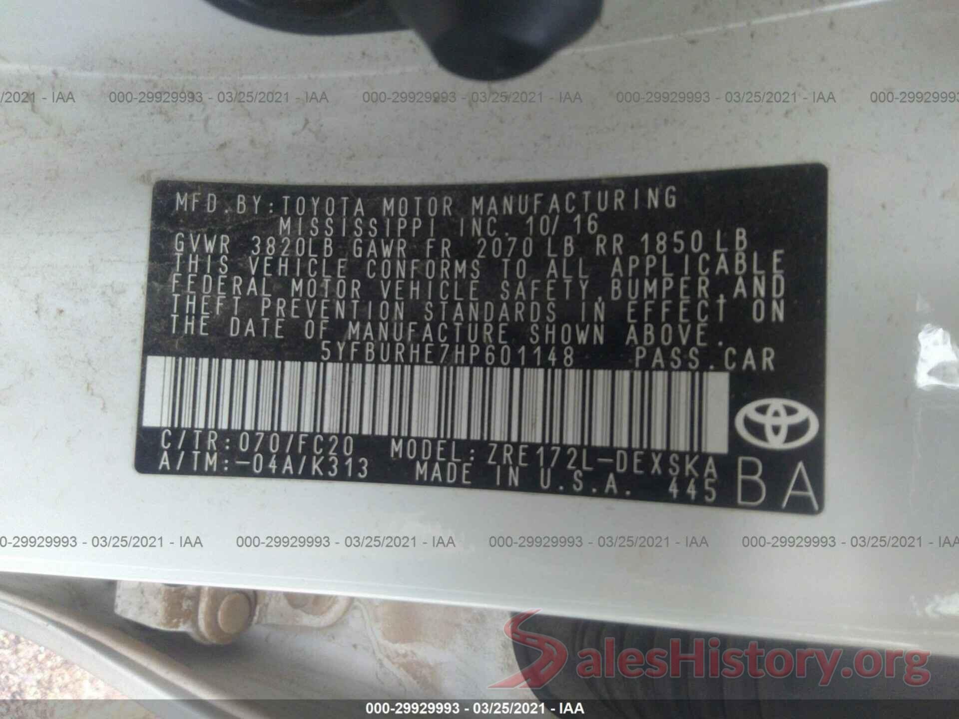 5YFBURHE7HP601148 2017 TOYOTA COROLLA