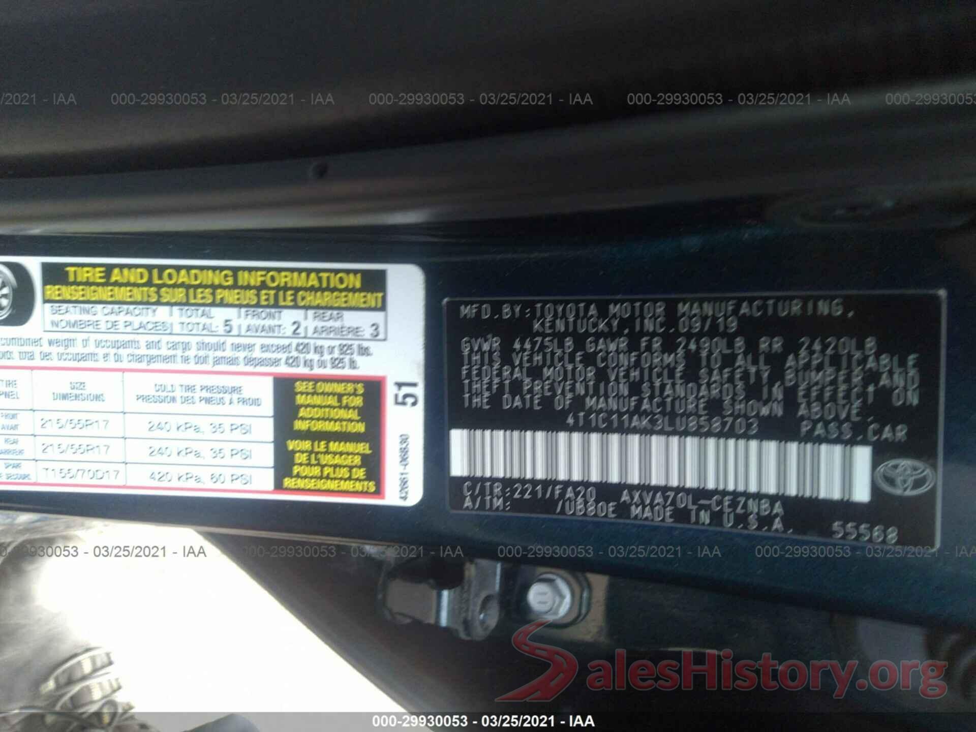 4T1C11AK3LU858703 2020 TOYOTA CAMRY