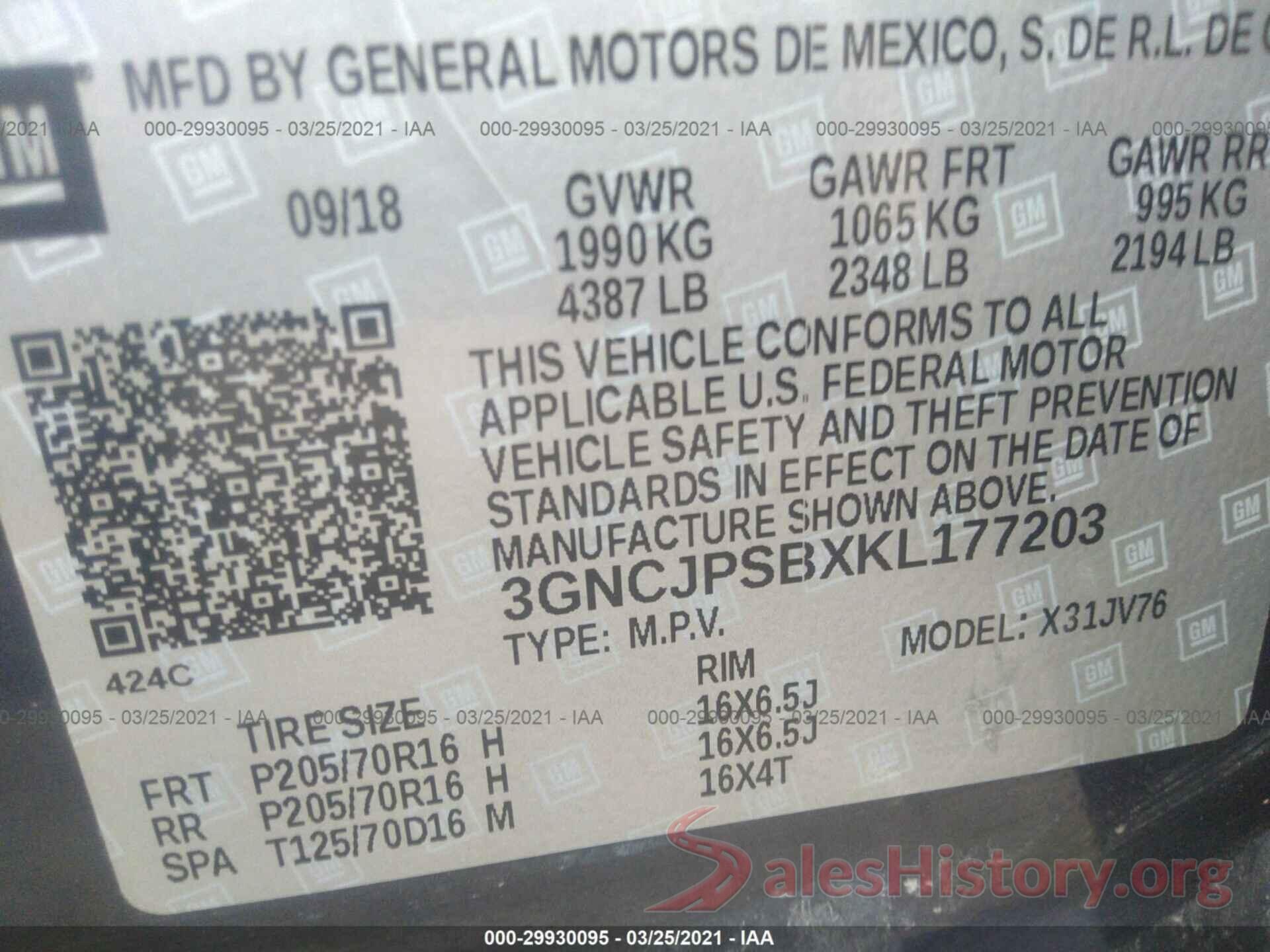 3GNCJPSBXKL177203 2019 CHEVROLET TRAX