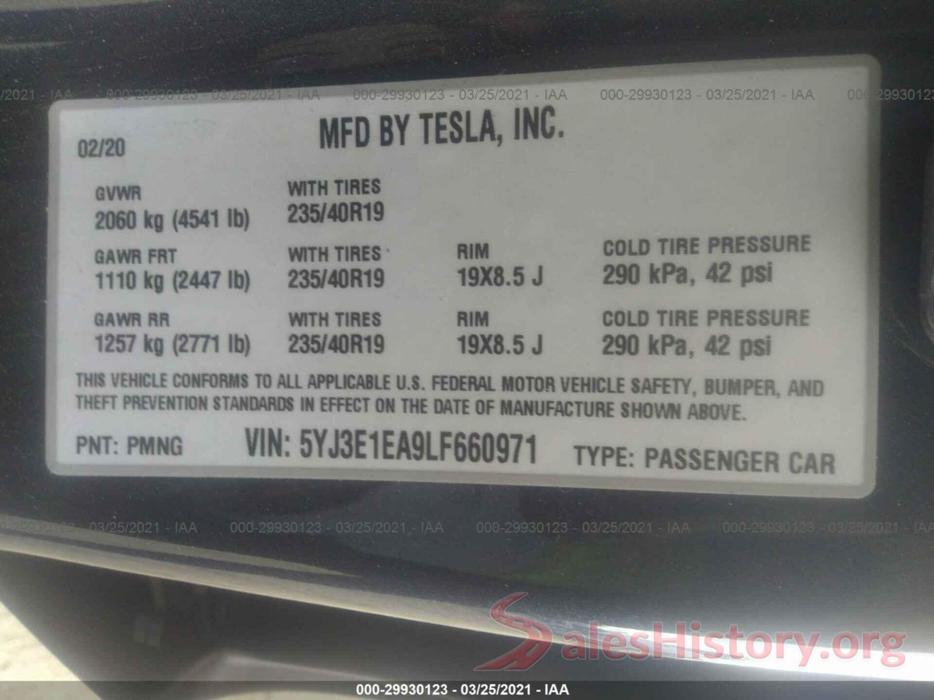 5YJ3E1EA9LF660971 2020 TESLA MODEL 3