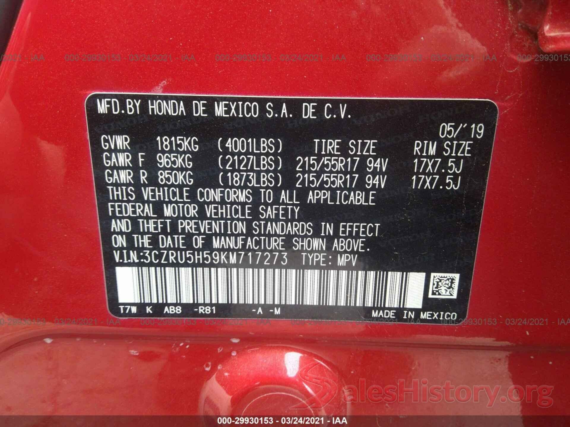 3CZRU5H59KM717273 2019 HONDA HR-V