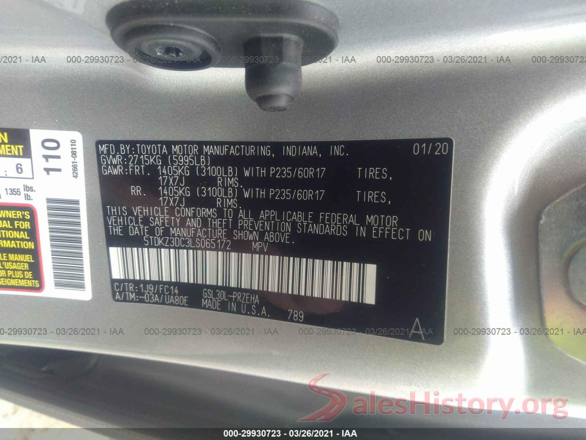 5TDKZ3DC3LS065172 2020 TOYOTA SIENNA