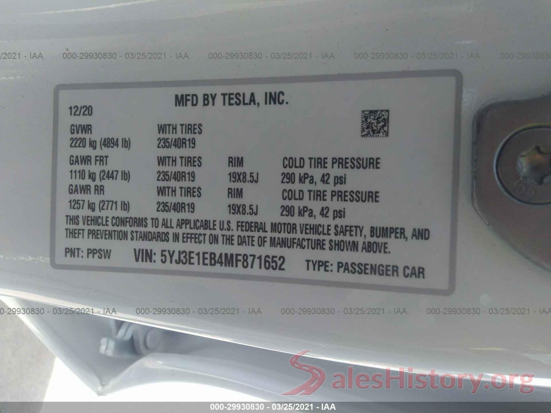 5YJ3E1EB4MF871652 2021 TESLA MODEL 3