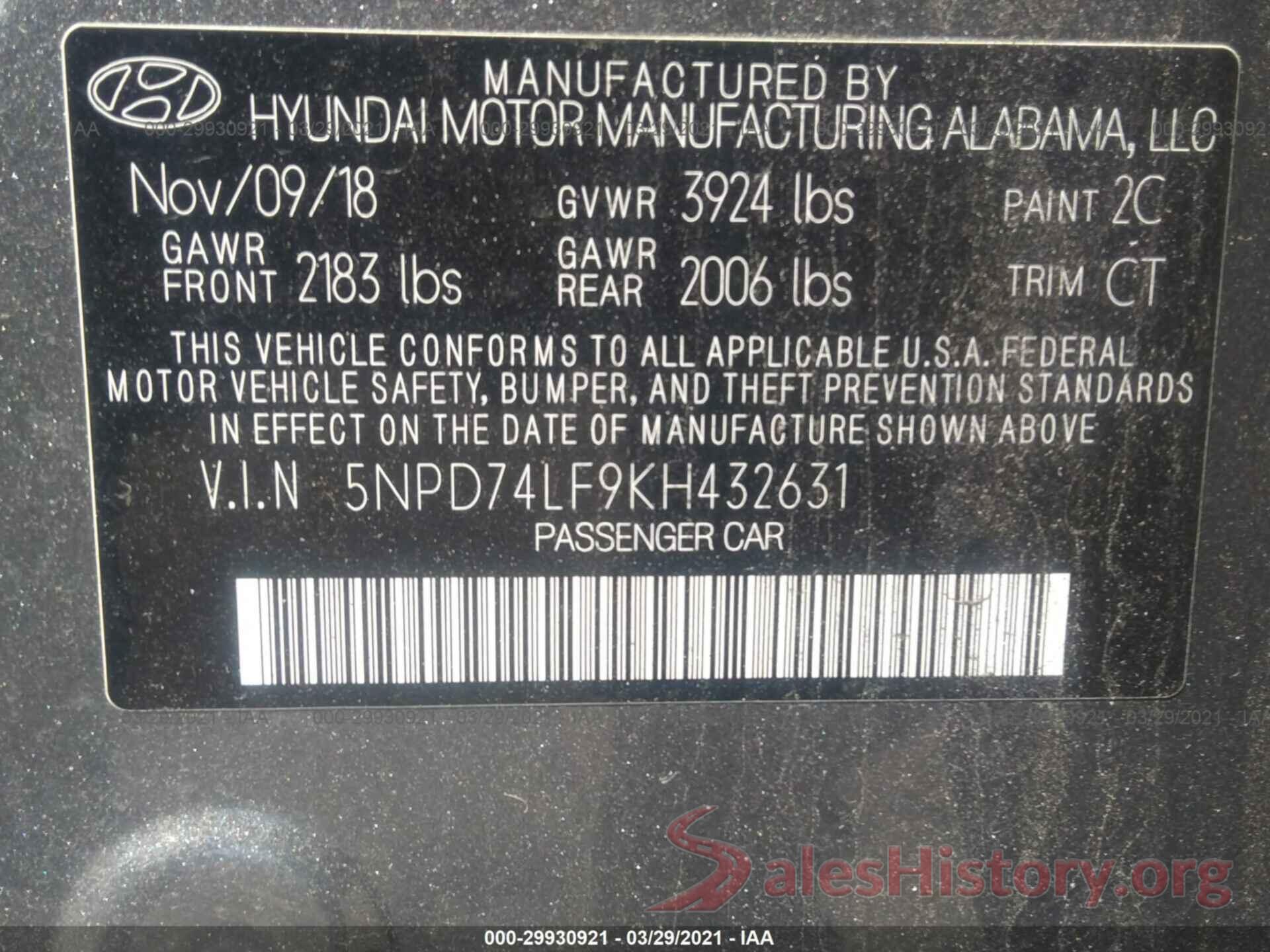 5NPD74LF9KH432631 2019 HYUNDAI ELANTRA