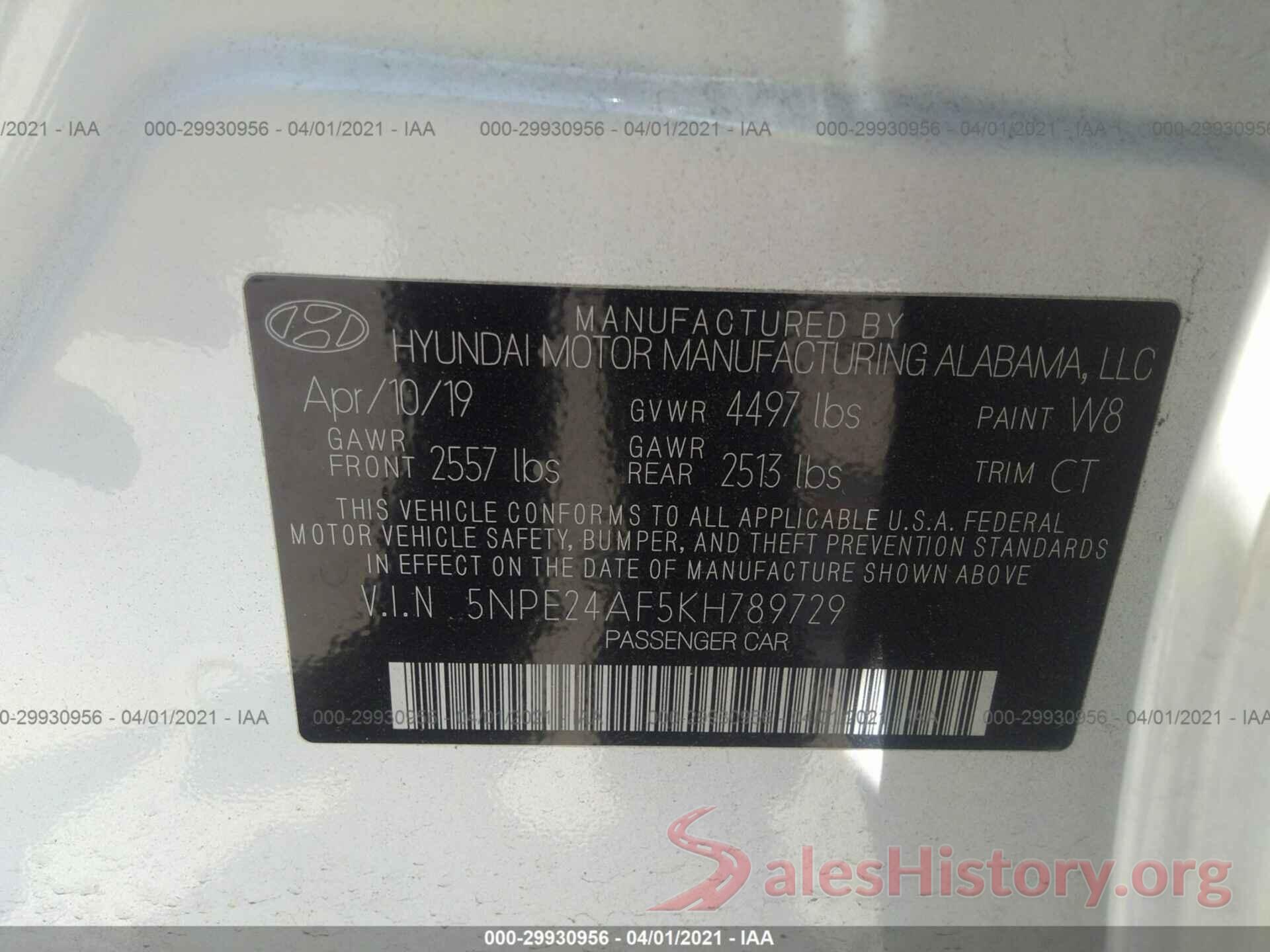 5NPE24AF5KH789729 2019 HYUNDAI SONATA