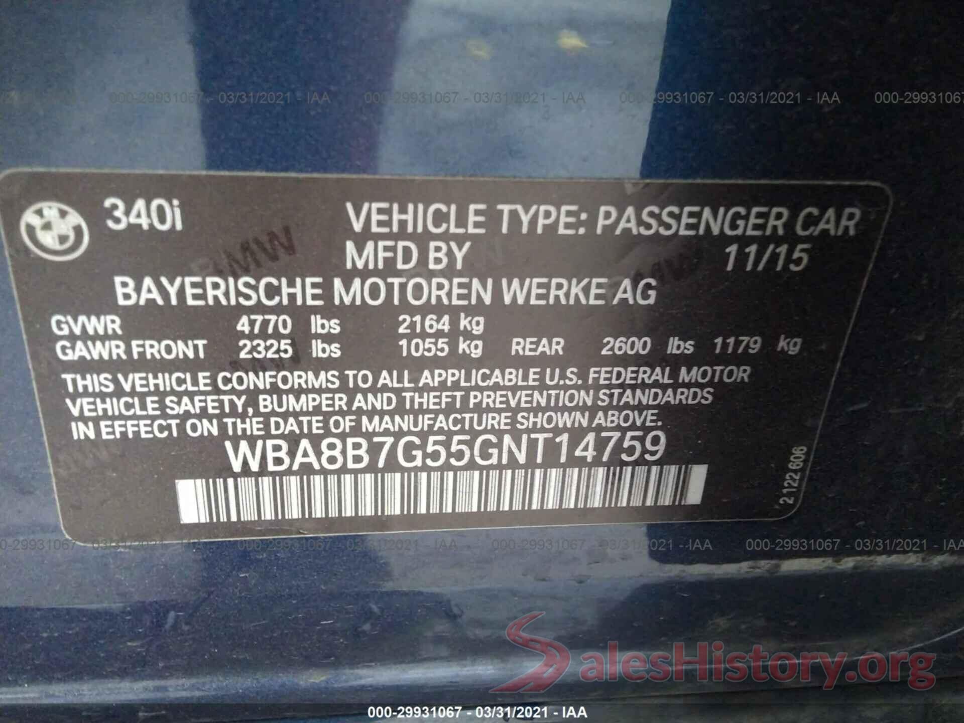 WBA8B7G55GNT14759 2016 BMW 3 SERIES