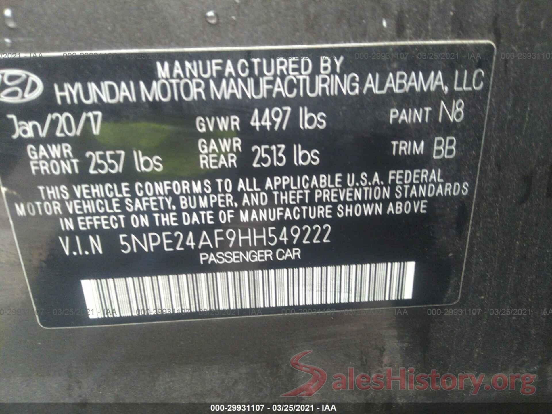 5NPE24AF9HH549222 2017 HYUNDAI SONATA