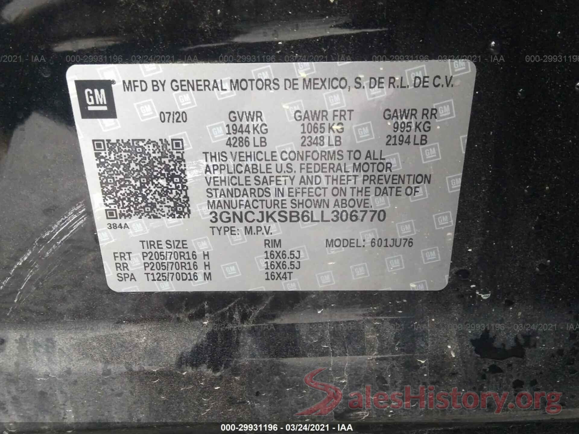 3GNCJKSB6LL306770 2020 CHEVROLET TRAX