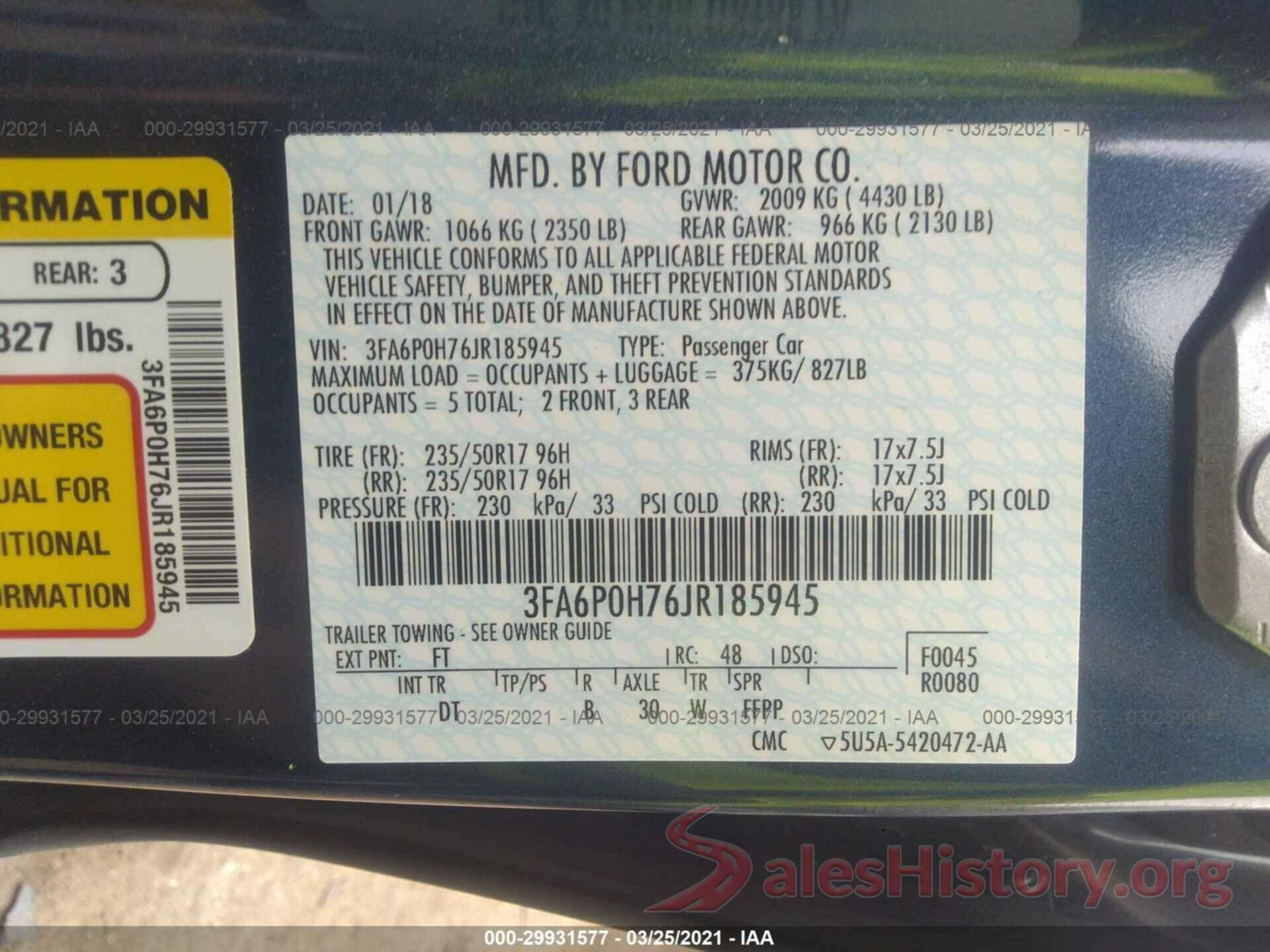 3FA6P0H76JR185945 2018 FORD FUSION